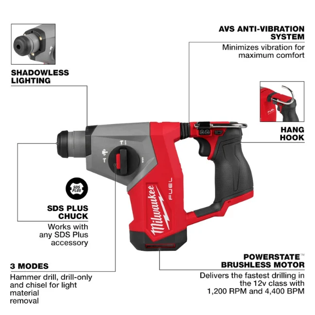 Milwaukee 2508-21XC, M12 FUEL™ 5/8” SDS Plus Rotary Hammer Kit - Image 2