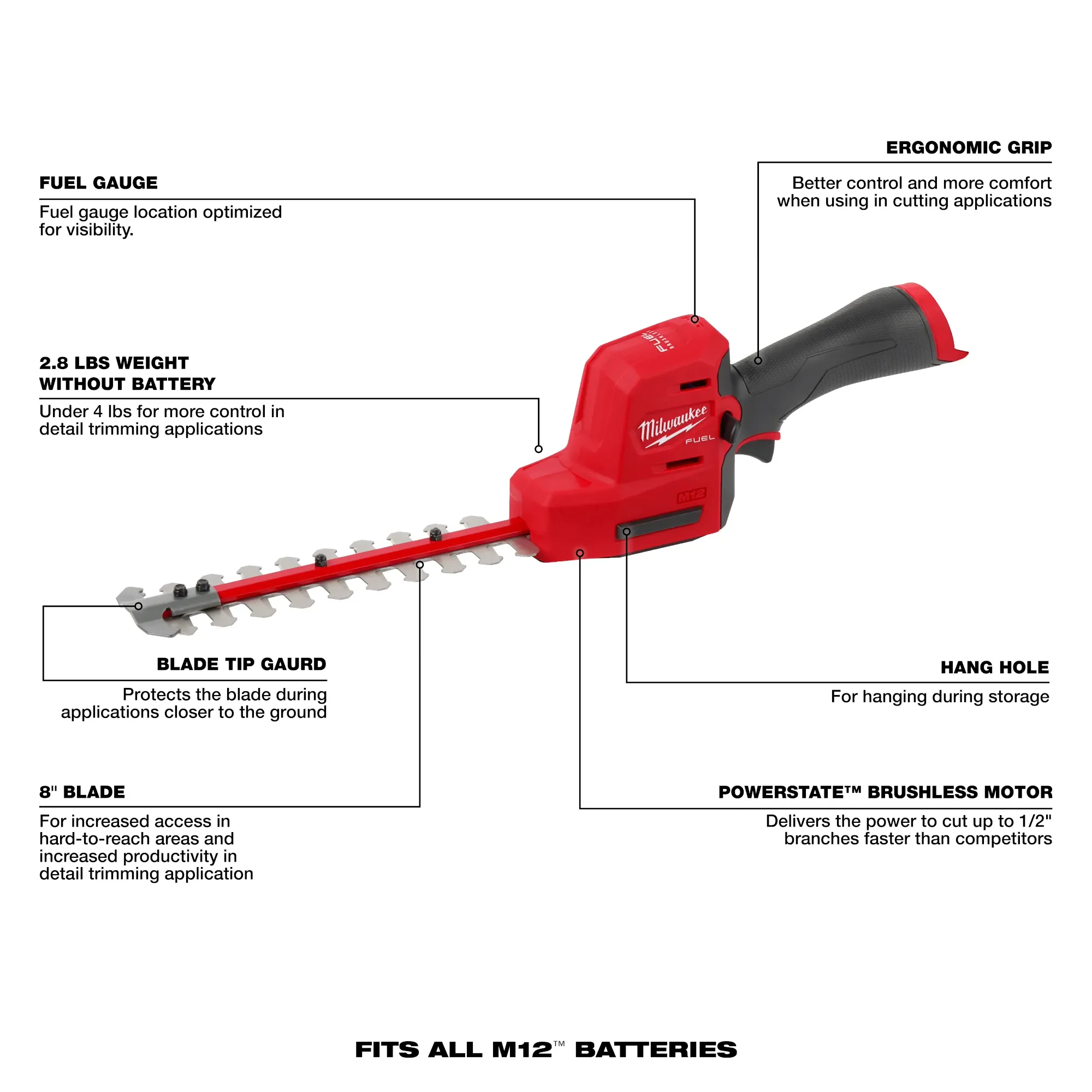 Milwaukee 2533-20, M12 FUEL 8" Hedge Trimmer (Tool Only) - Image 3