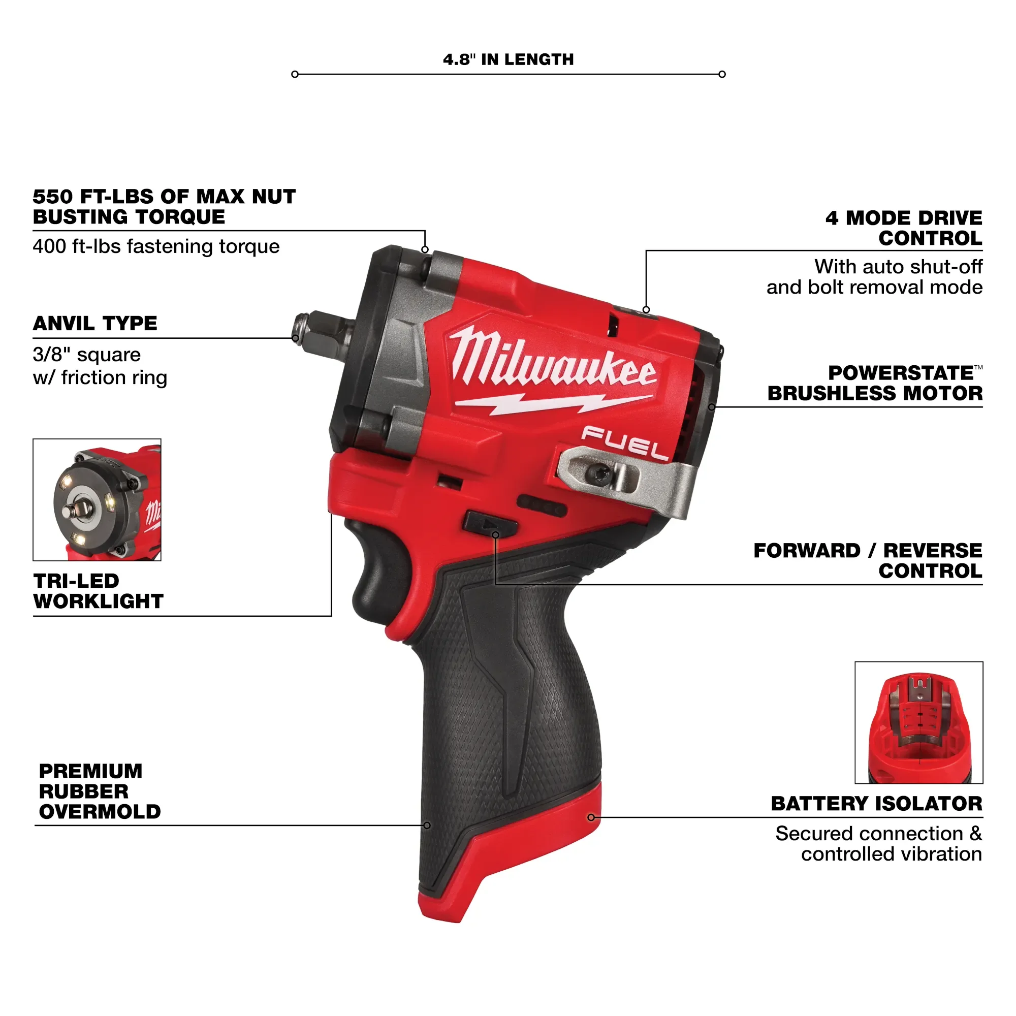 Milwaukee 2562-20, M12 FUEL™ Stubby 3/8" Impact Wrench - Image 3
