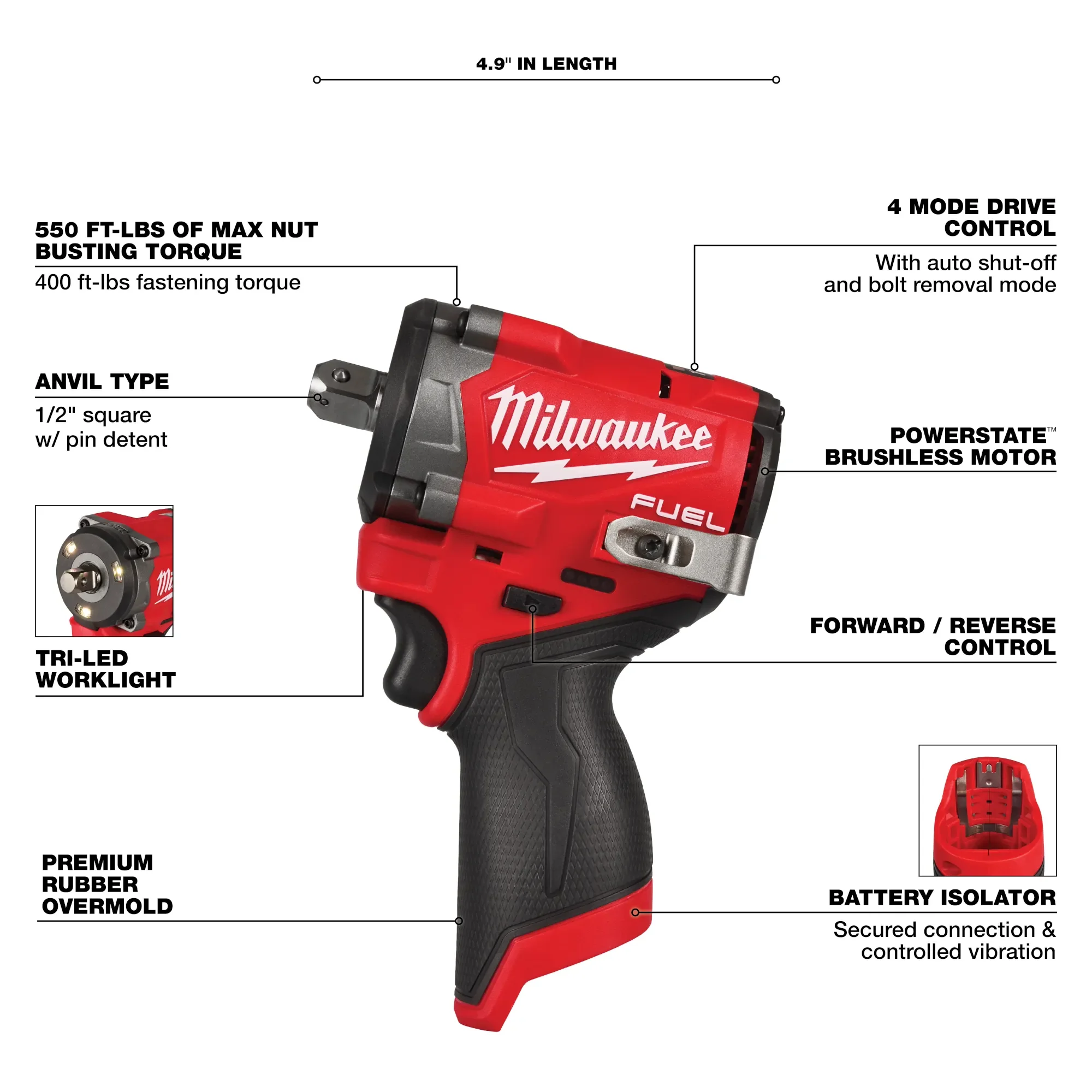 Milwaukee 2563P-20, M12 FUEL™ Stubby 1/2" Impact Wrench w/ Pin Detent - Image 3