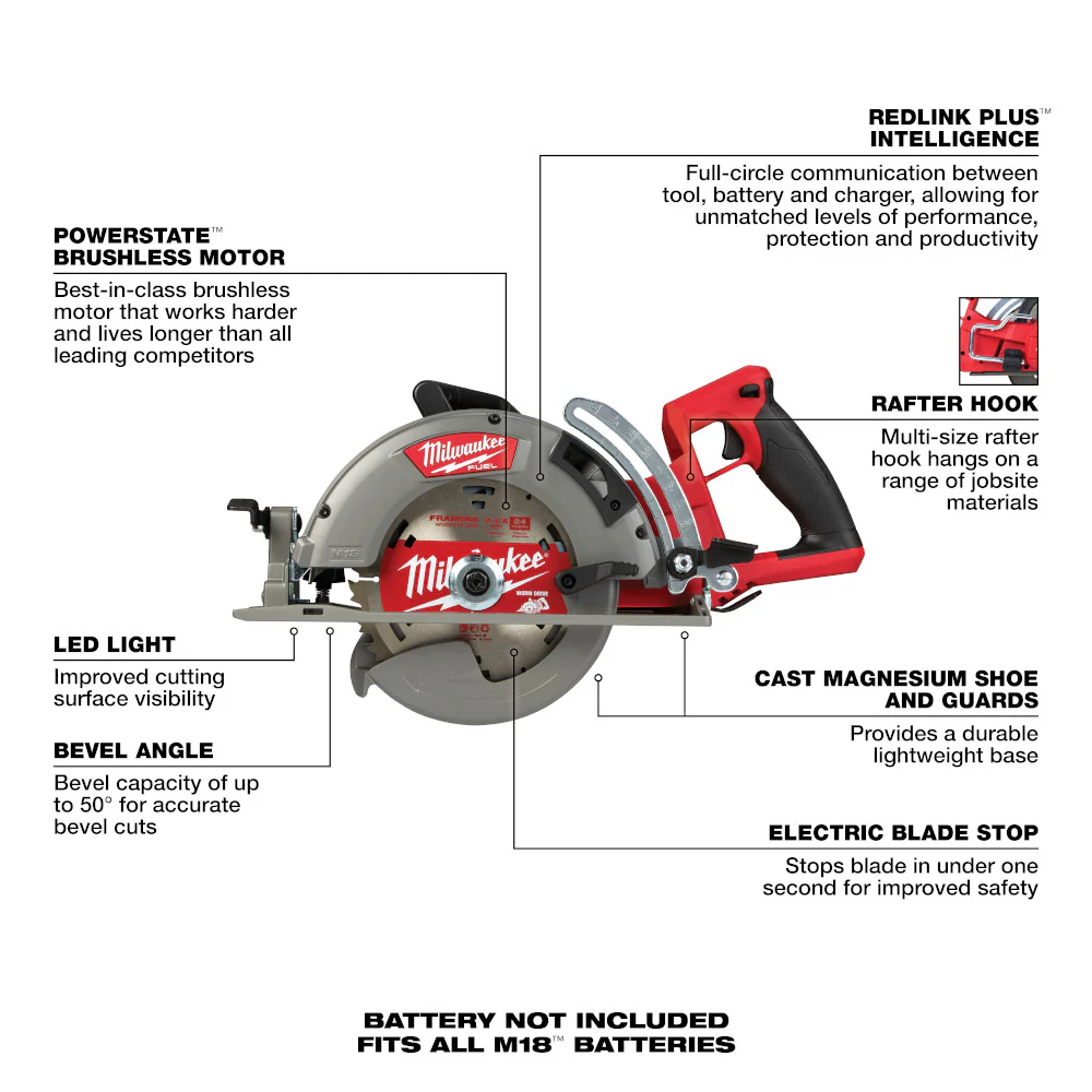 Milwaukee 2830-20, M18 FUEL Brushless Rear Handle 7-1/4" Circular Saw (Tool Only) - Image 6