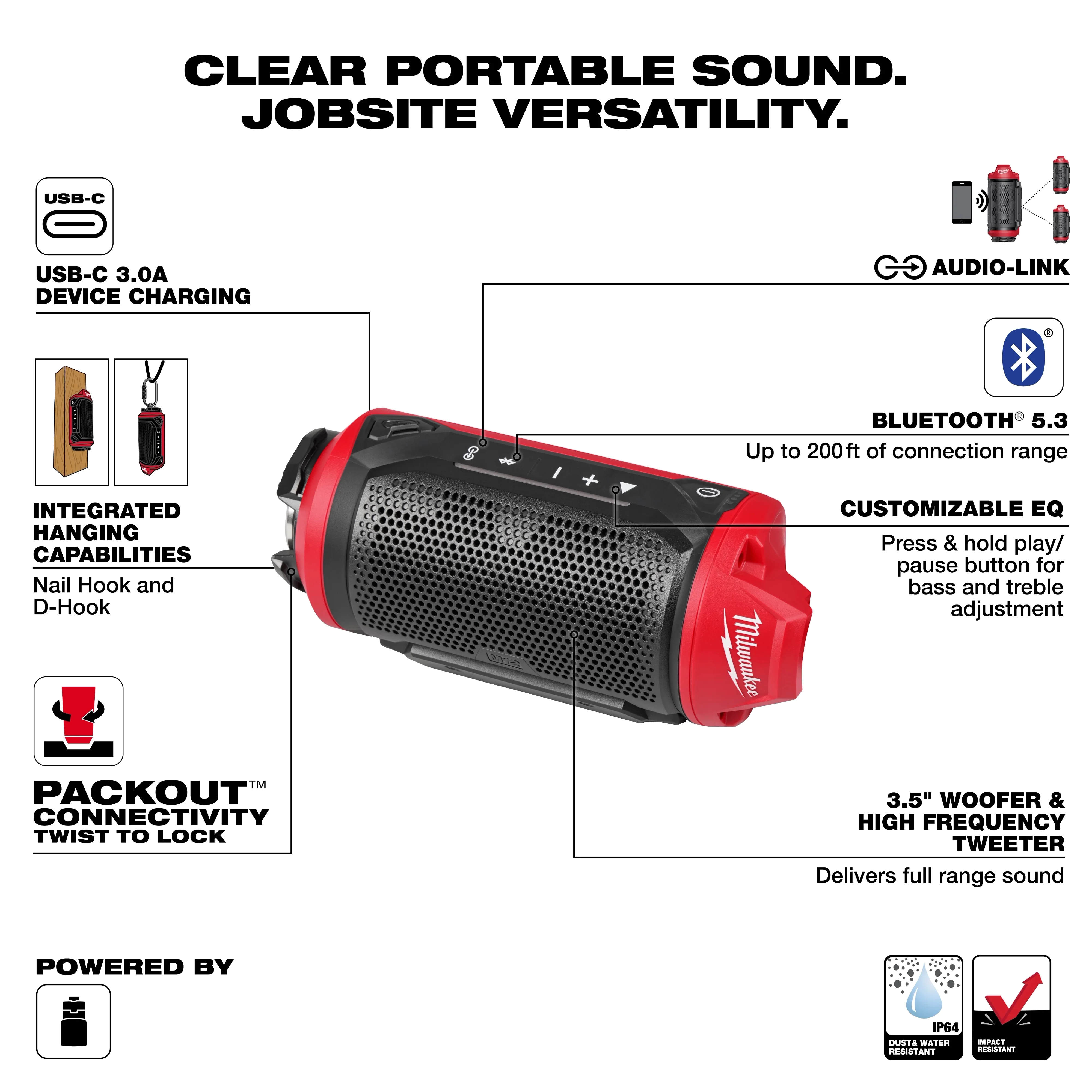 Milwaukee 2955-20, M12™ Bluetooth® Jobsite Speaker w/ PACKOUT™ Compatibility - Image 4