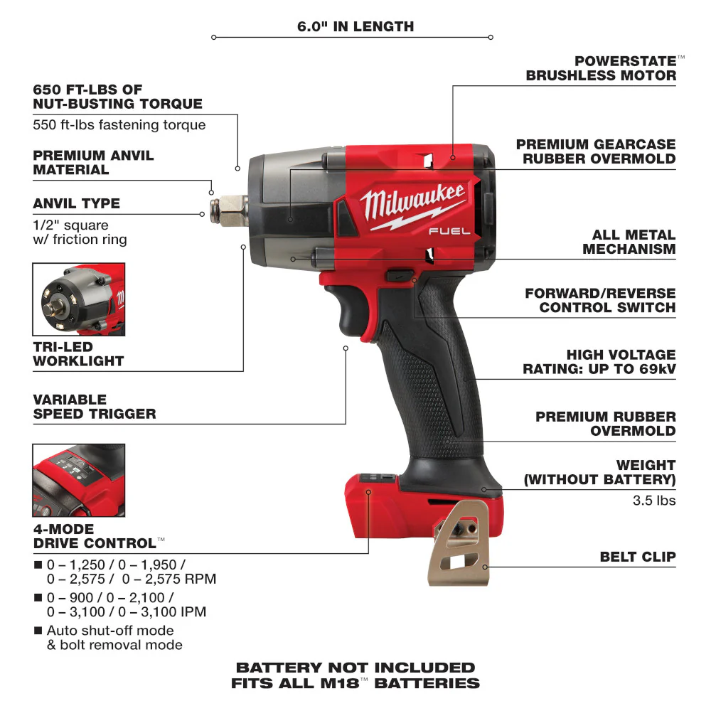 Milwaukee 2962-20, M18 FUEL 1/2" Mid-Torque Impact Wrench w/ Friction Ring (Tool Only) - Image 8