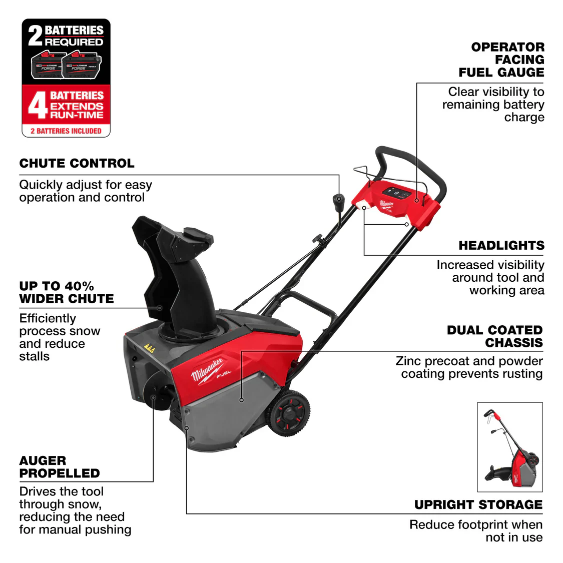 Milwaukee 3036-22HD, M18 FUEL™ 21" Auger Propelled Dual Battery Single Stage Snow Blower Kit - Image 23