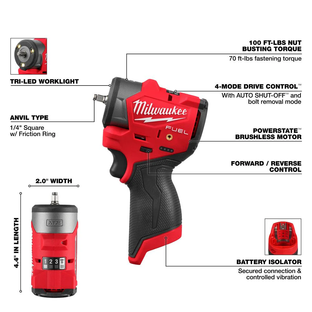 Milwaukee 3048-20, M12 FUEL™ 1/4" Subcompact Impact Wrench w/ Friction Ring - Image 3
