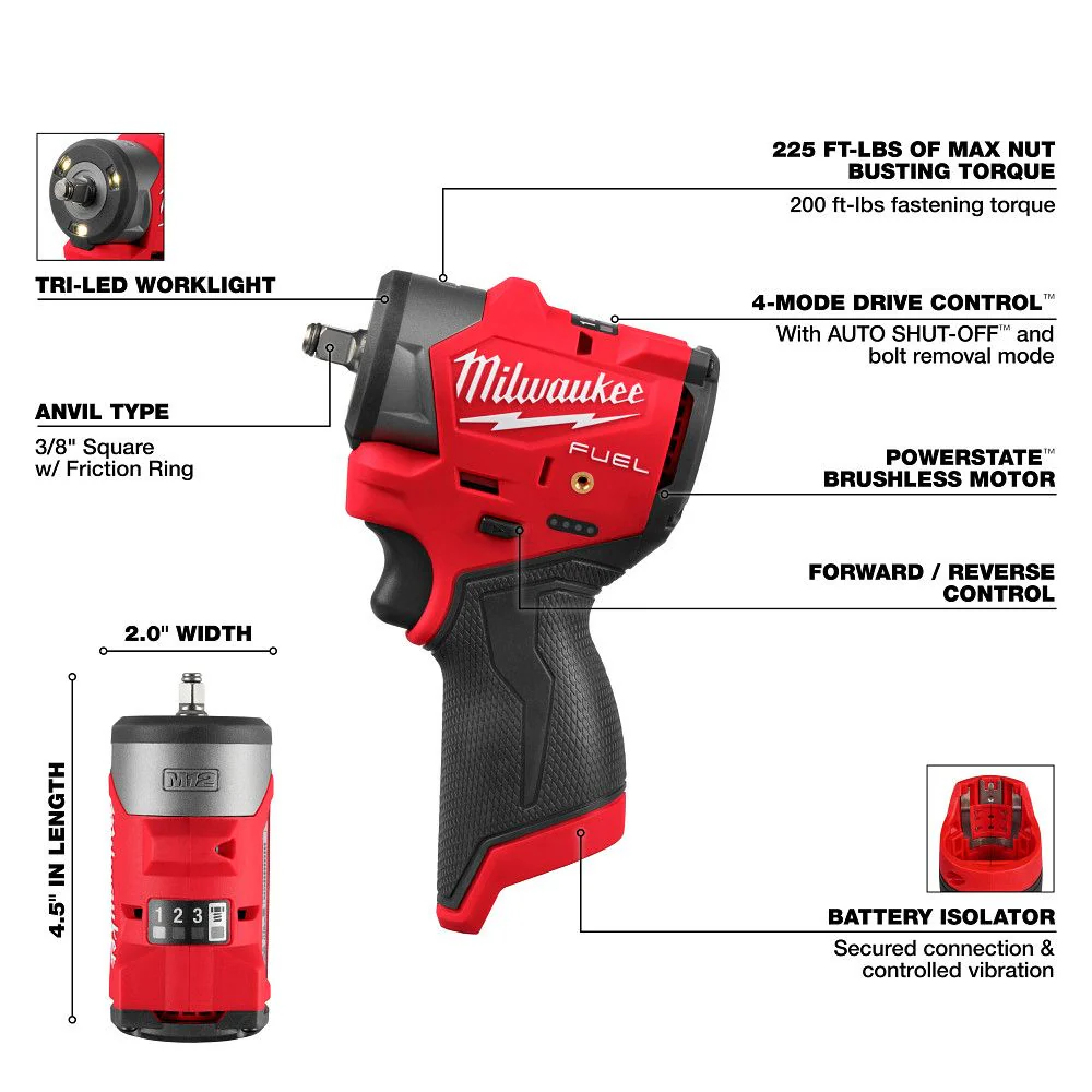 Milwaukee 3049-20, M12 FUEL™ 3/8" Subcompact Impact Wrench w/ Friction Ring - Image 3