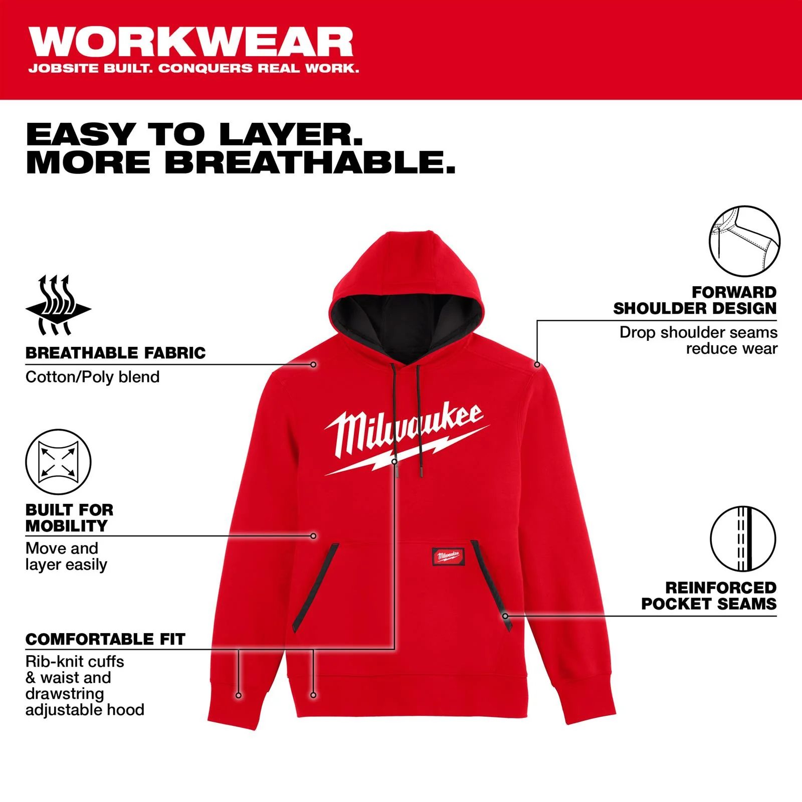 Milwaukee 352R-M, BIG LOGO MIDWEIGHT HOODIE - RED M - Image 6