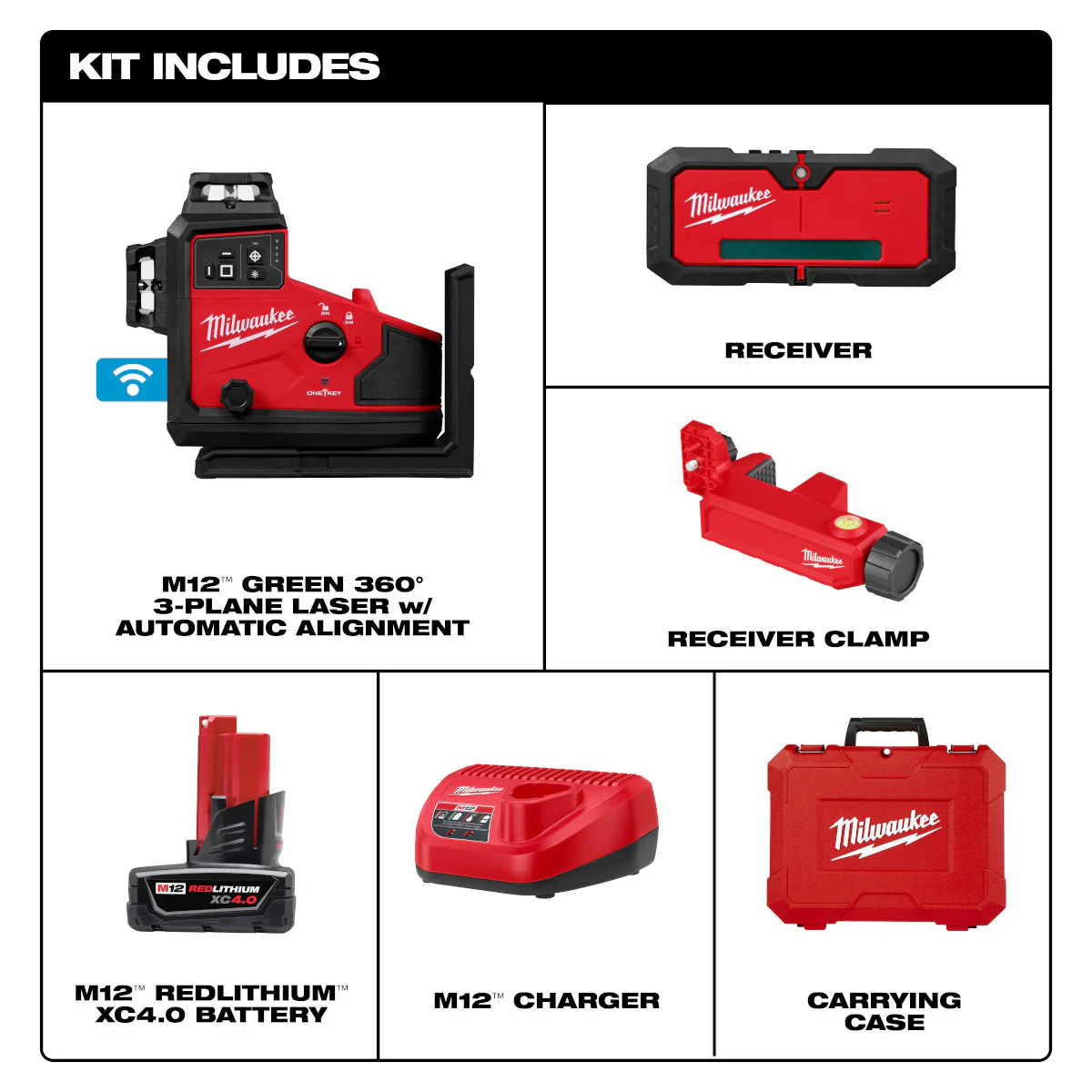 Milwaukee 3642-21, M12™ Green 360° 3-Plane Laser w/Automatic Alignment & Receiver - Image 2