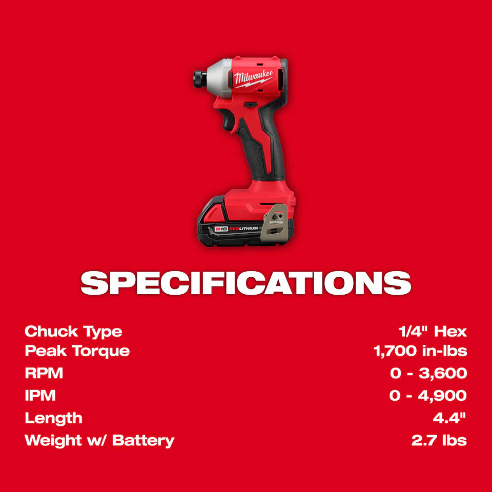 Milwaukee 3650-21P, M18 Compact Brushless 1/4" Hex Impact Driver Kit - Image 7