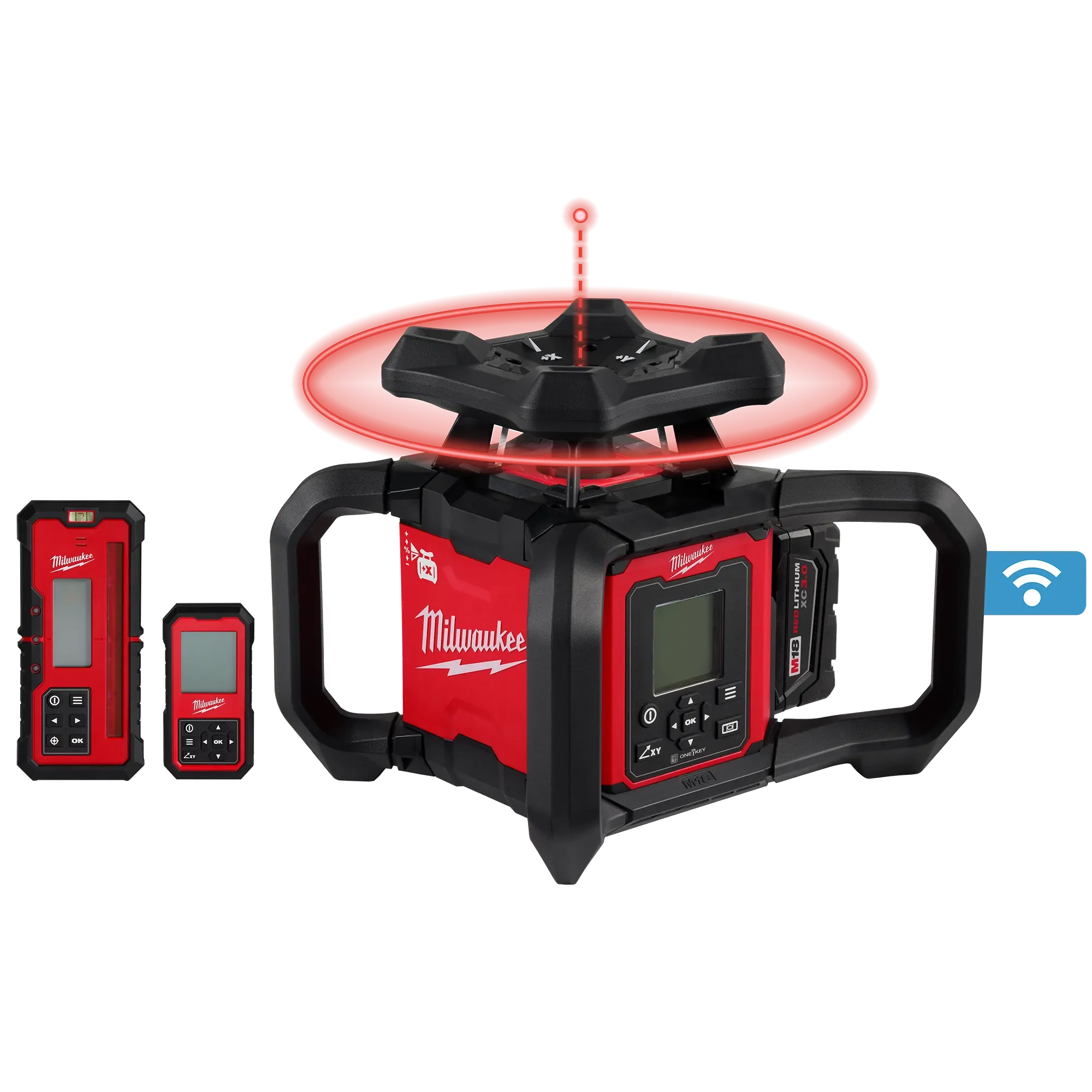 Milwaukee 3704-21T, M18™ Red Exterior Dual Slope Rotary Laser Level Kit w/ Receiver, Remote, Grade Rod & Tripod