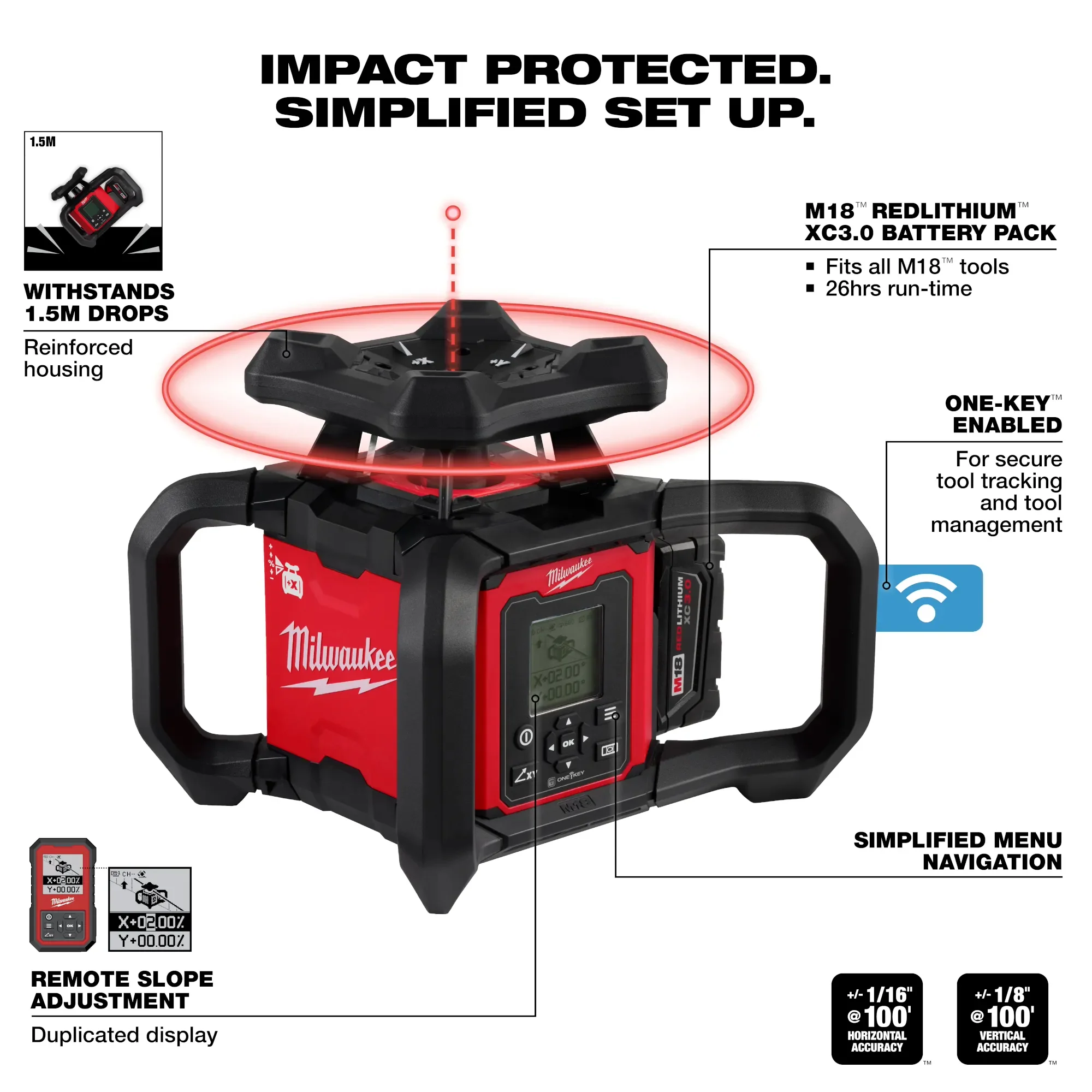 Milwaukee 3704-21T, M18™ Red Exterior Dual Slope Rotary Laser Level Kit w/ Receiver, Remote, Grade Rod & Tripod - Image 3