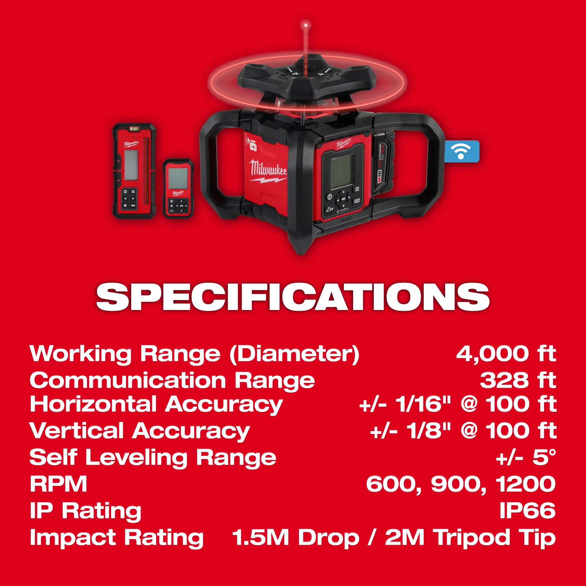 Milwaukee 3704-21T, M18™ Red Exterior Dual Slope Rotary Laser Level Kit w/ Receiver, Remote, Grade Rod & Tripod - Image 4