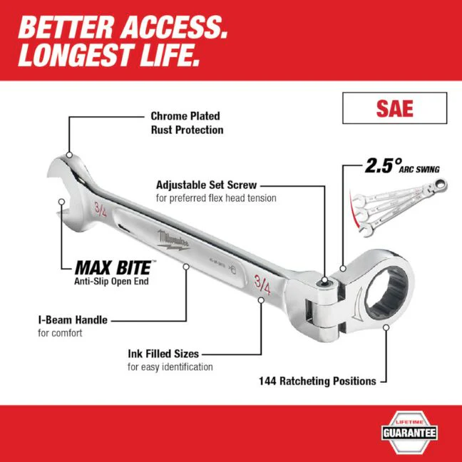 Milwaukee 45-96-9808, 1/4" Flex Head Combination Wrench - Image 2
