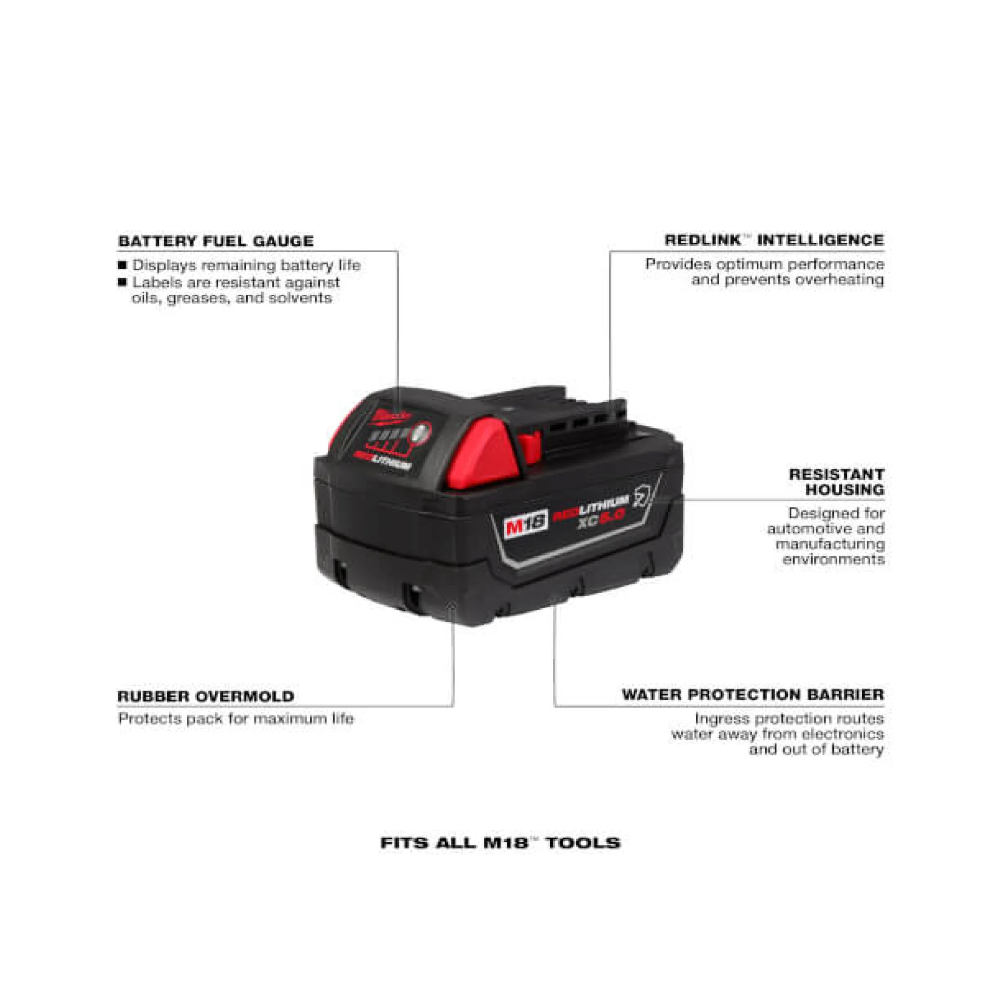 Milwaukee 48-11-1850R, M18™ REDLITHIUM™  XC5.0 Resistant Battery - Image 2