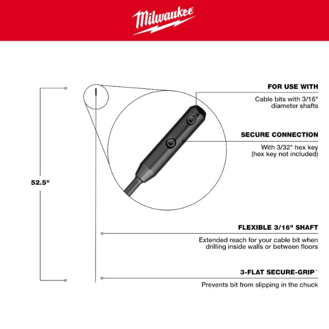 Milwaukee 48-13-8118, 3/16” x 50-1/2″ x 52-1/2″ Flexible Cable Bit Extension - Image 5