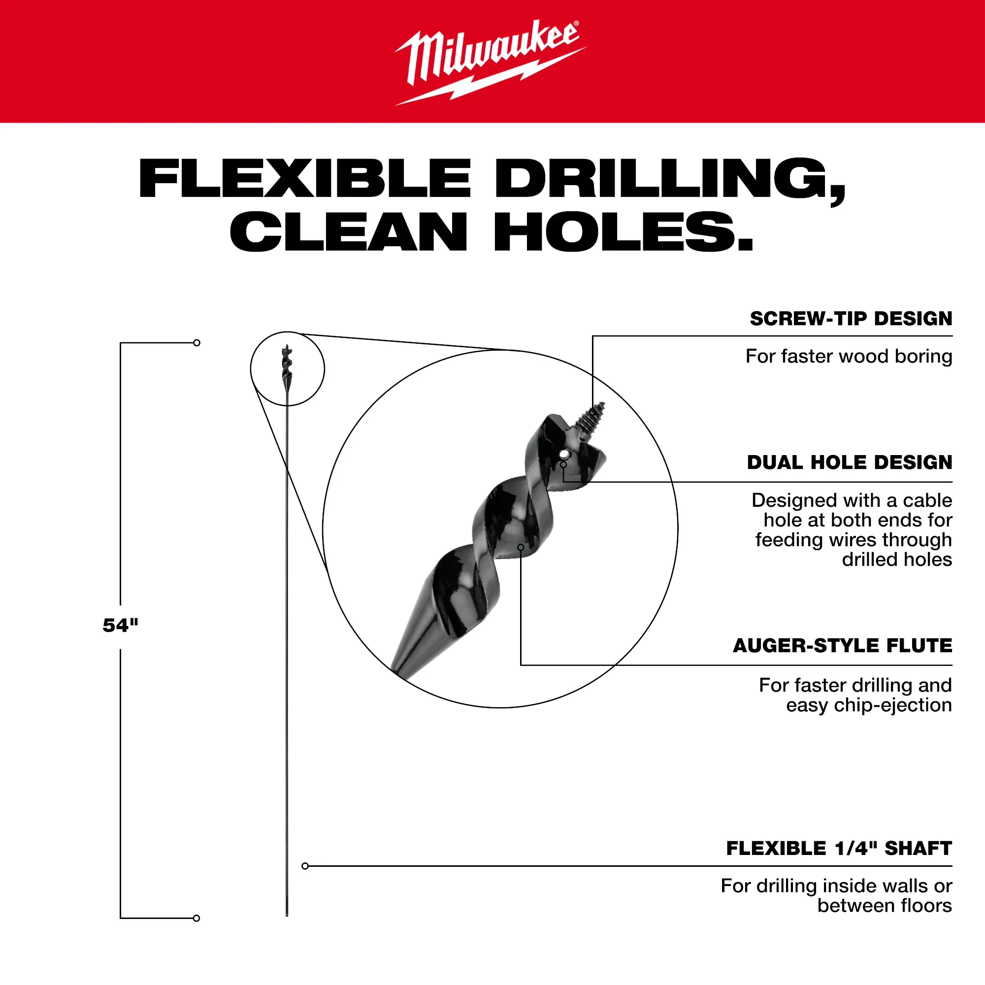 Milwaukee 48-13-8275, 3/4” x 54" Flexible Cable Auger Bit - Image 4