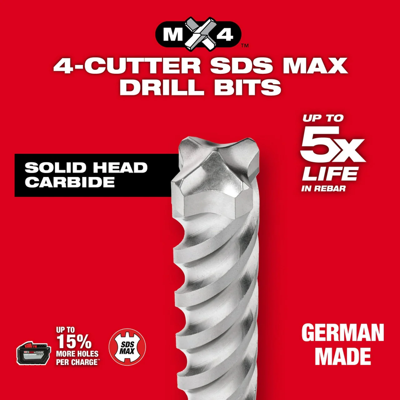 Milwaukee 48-20-3980, SDS-Max 4-Cutter Drill Bit 1-3/8" x 18" x 23" - Image 6