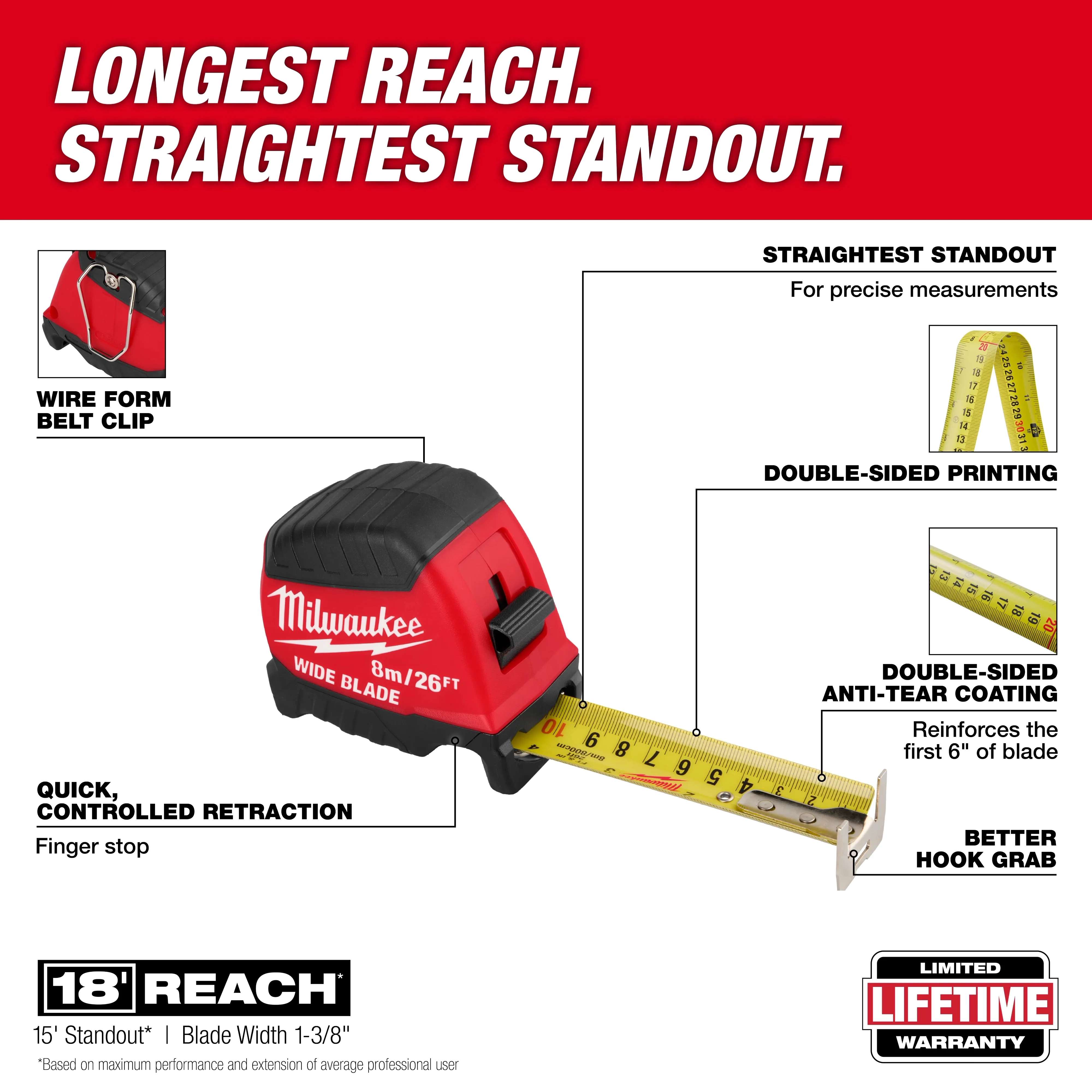 Milwaukee 48-22-1226, 8m/26ft Wide Blade Tape Measure - Image 2