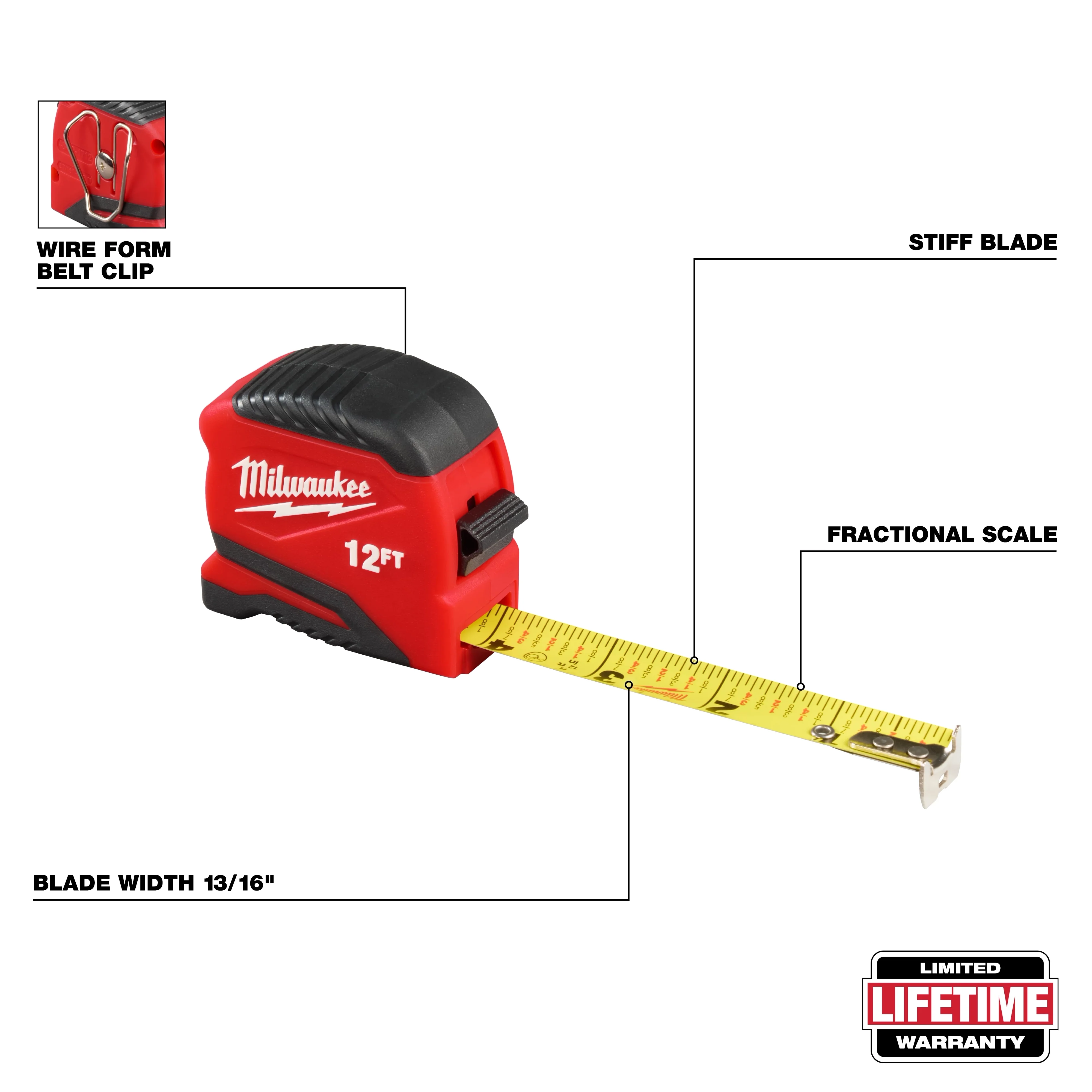 Milwaukee 48-22-1712, 12ft Compact Tape Measure - Image 2