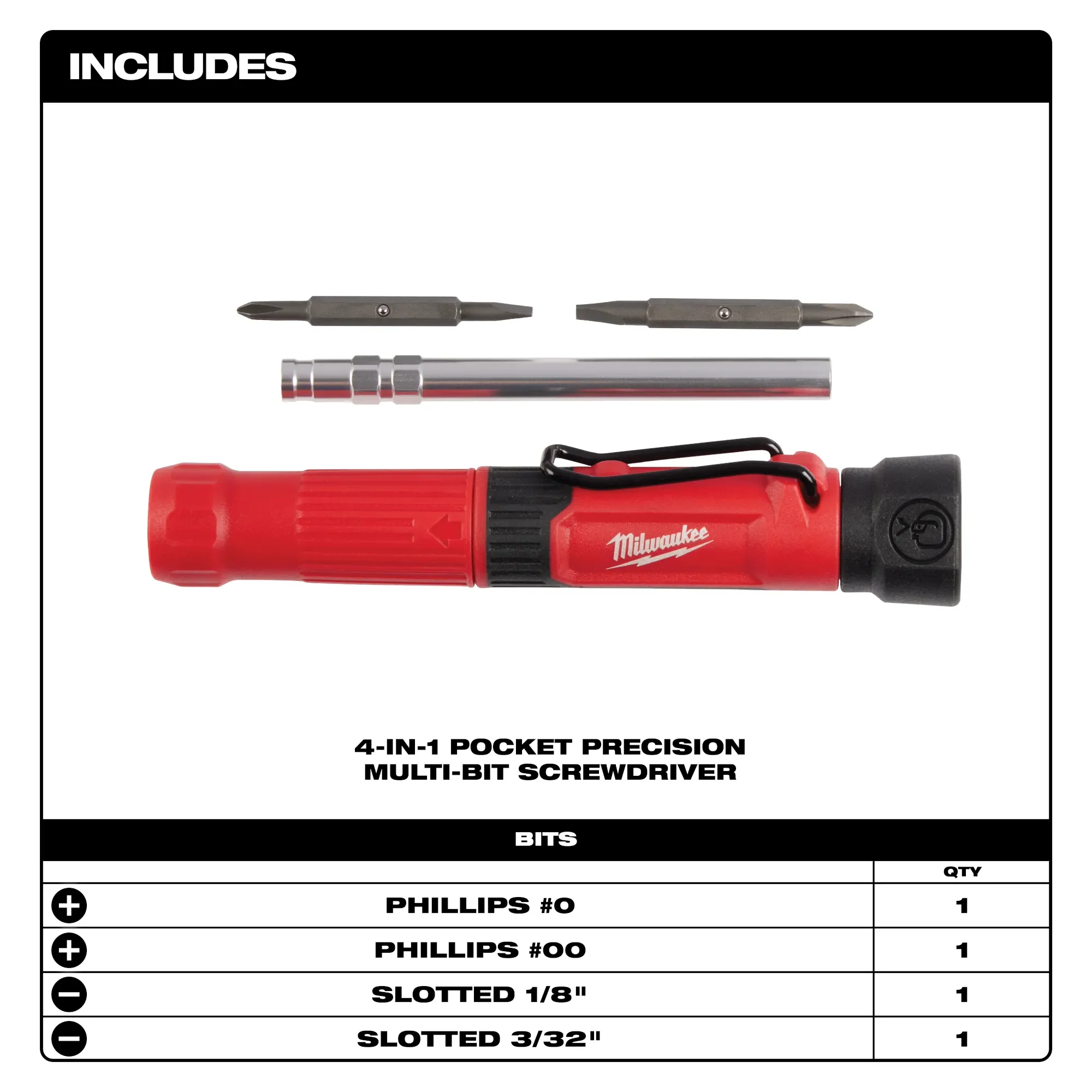 Milwaukee 48-22-2932, 4-in-1 Pocket Precision Multi-Bit Screwdriver - Image 2