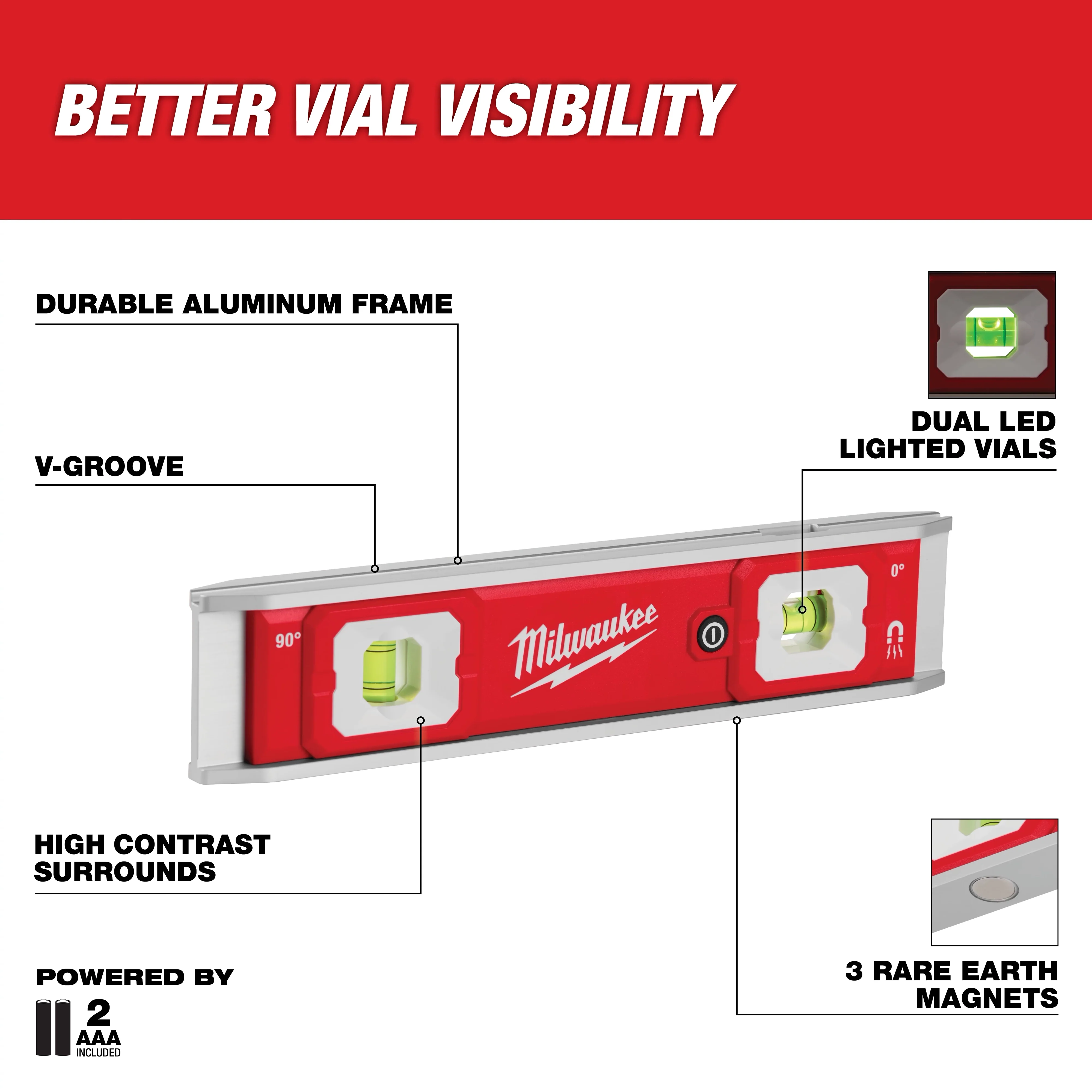 Milwaukee 48-22-5105, 9" Torpedo Level with Lighted Vials - Image 2