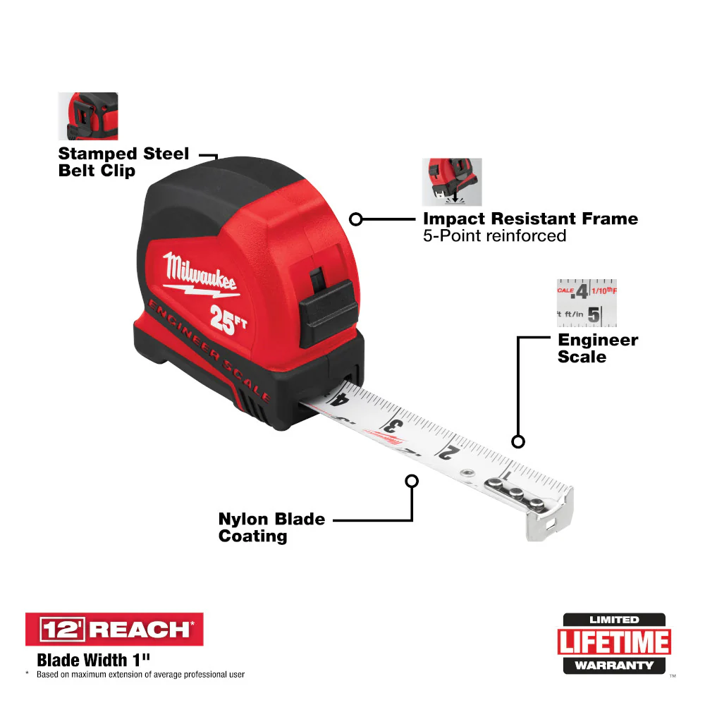 Milwaukee 48-22-6625, 25' Compact Tape Measure (Discontinued, Replaced by 48-22-1725) - Image 4