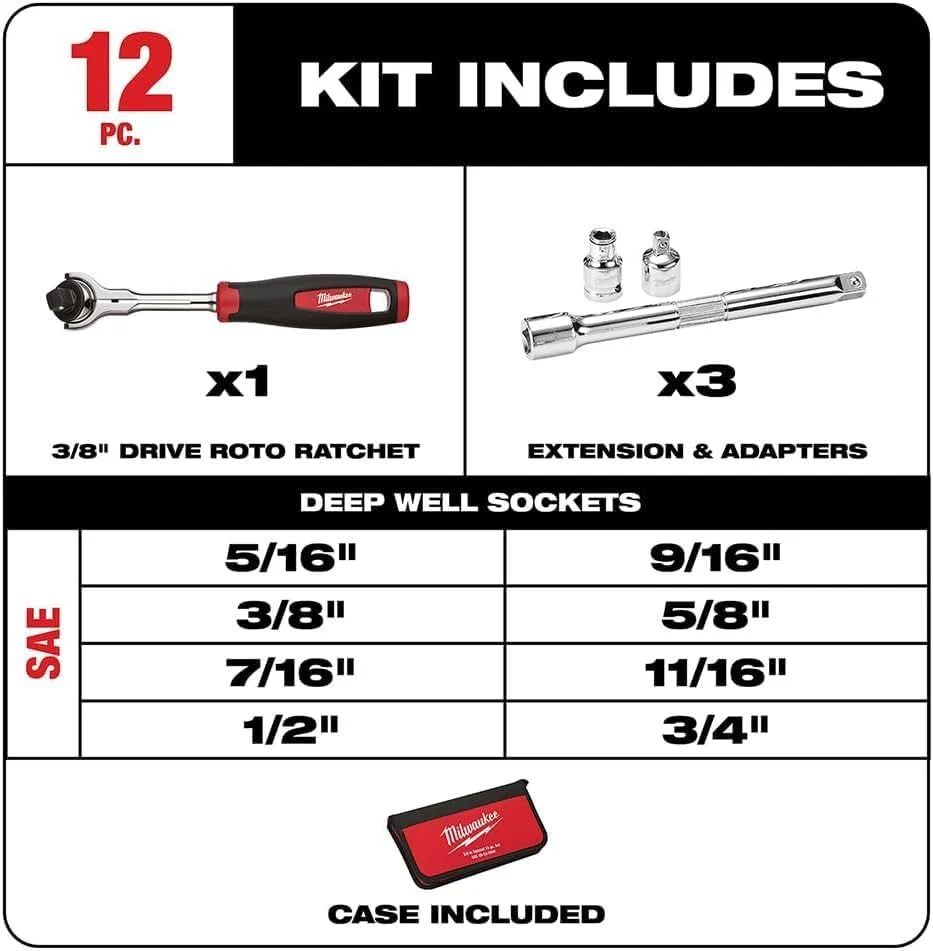 Milwaukee 48-22-9000, 12pc 3/8" Drive SAE Socket Set - Image 2