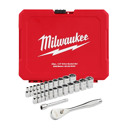 Milwaukee 48-22-9044, 25pc 1/4" Drive Metric & SAE Ratchet and Socket Set with FOUR FLAT™ SIDES