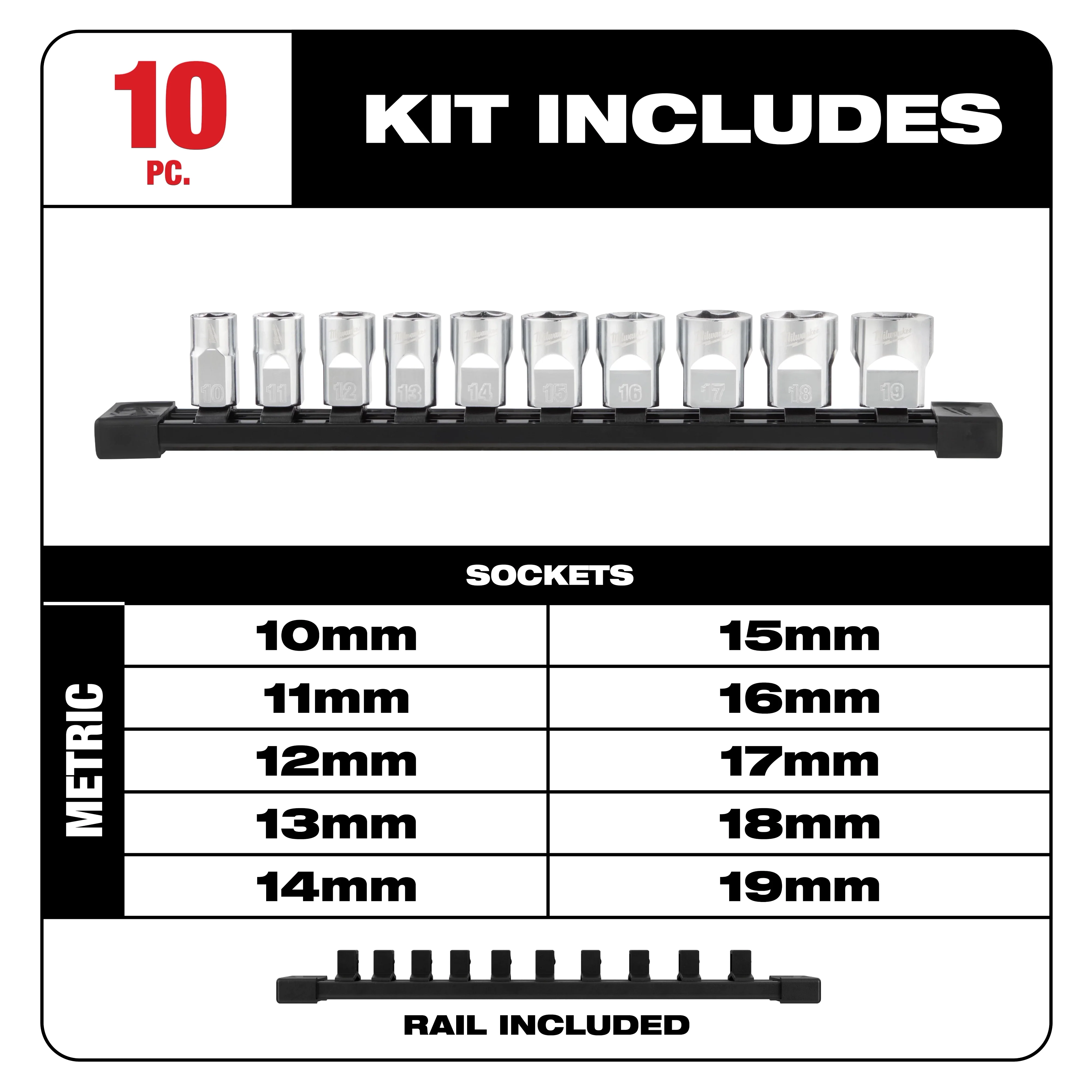 Milwaukee 48-22-9503, 10pc 3/8" Metric Sockets with FOUR FLAT™ Sides - Image 2