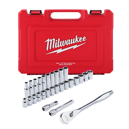 Milwaukee 48-22-9510, 28 pc 1/2" Drive Metric Ratchet and Socket Set with FOUR FLAT™ Sides