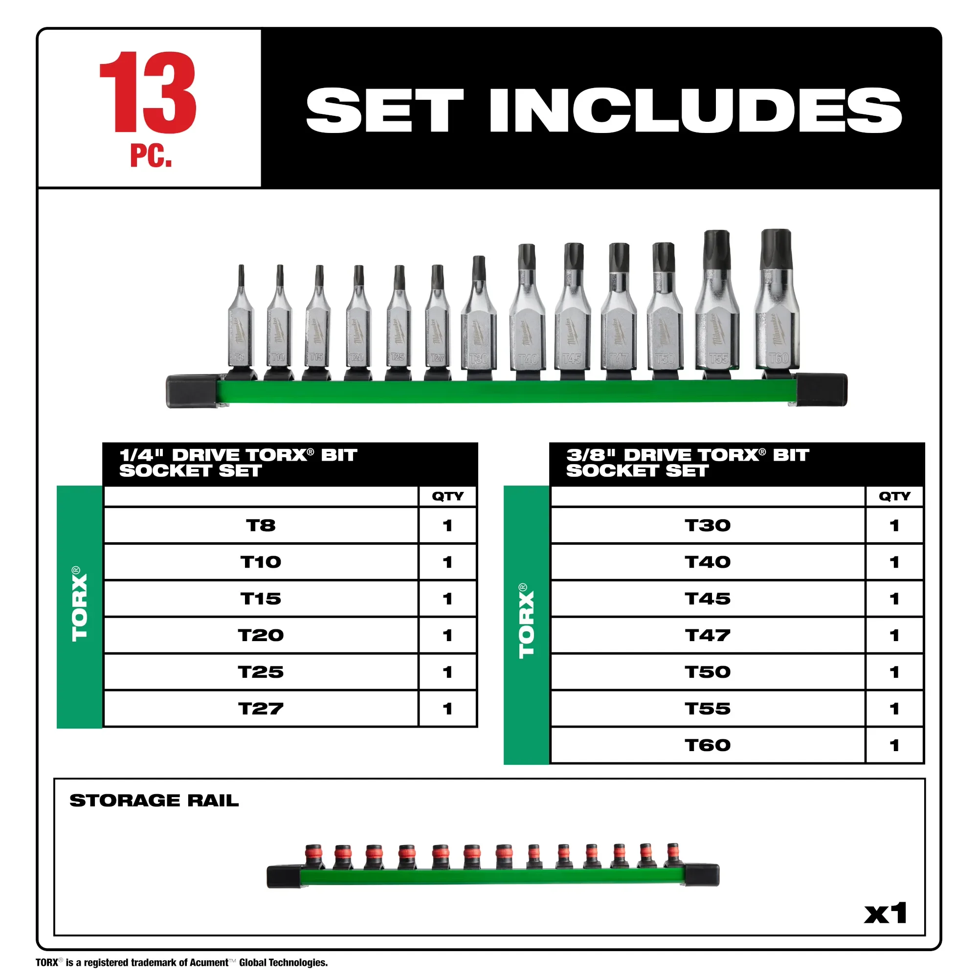 Milwaukee 48-22-9532, 13pc 1/4" and 3/8" Drive TORX® Bit Socket Set - Image 2