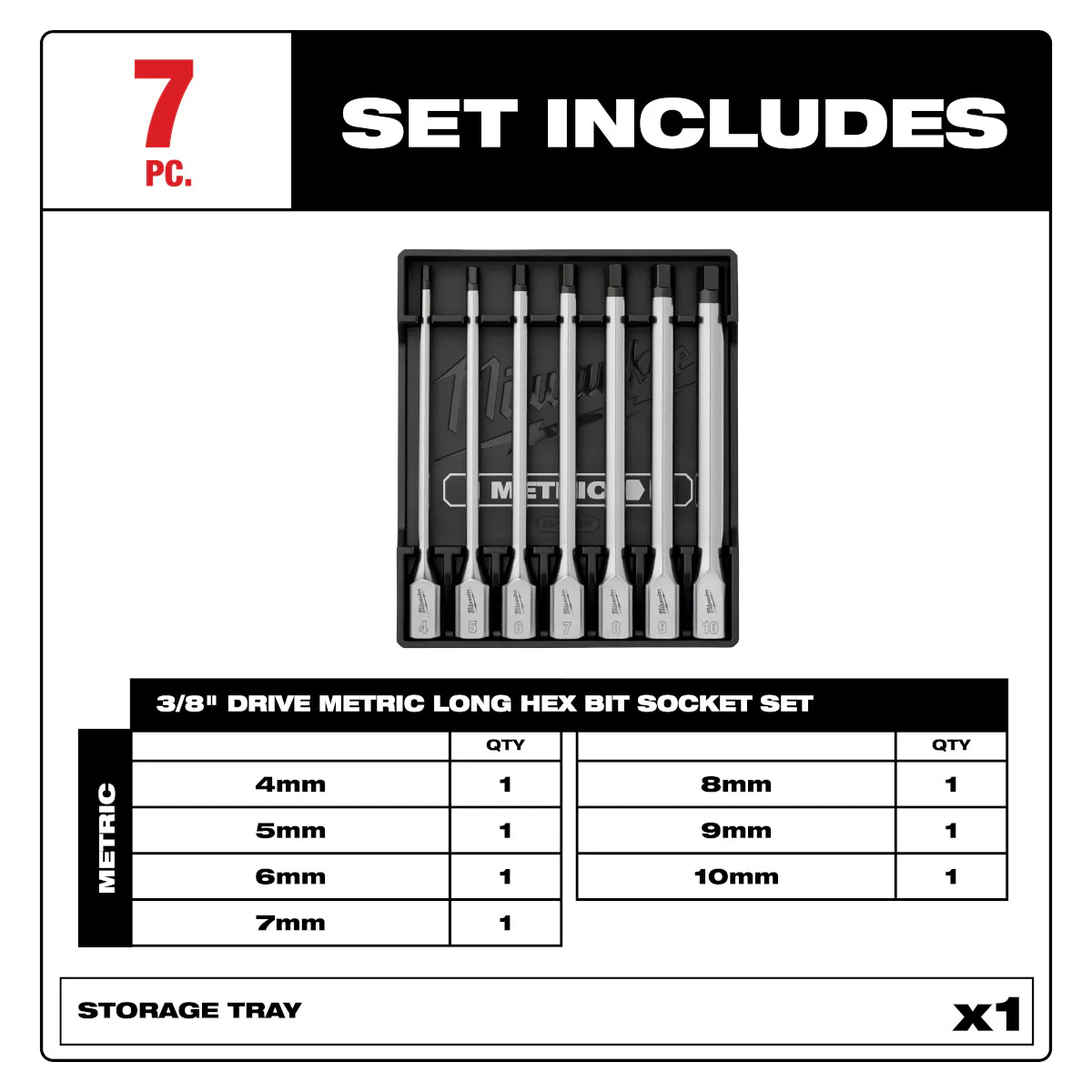 Milwaukee 48-22-9547, 7pc 3/8” Drive Long Hex Bit Socket Set - Metric - Image 3