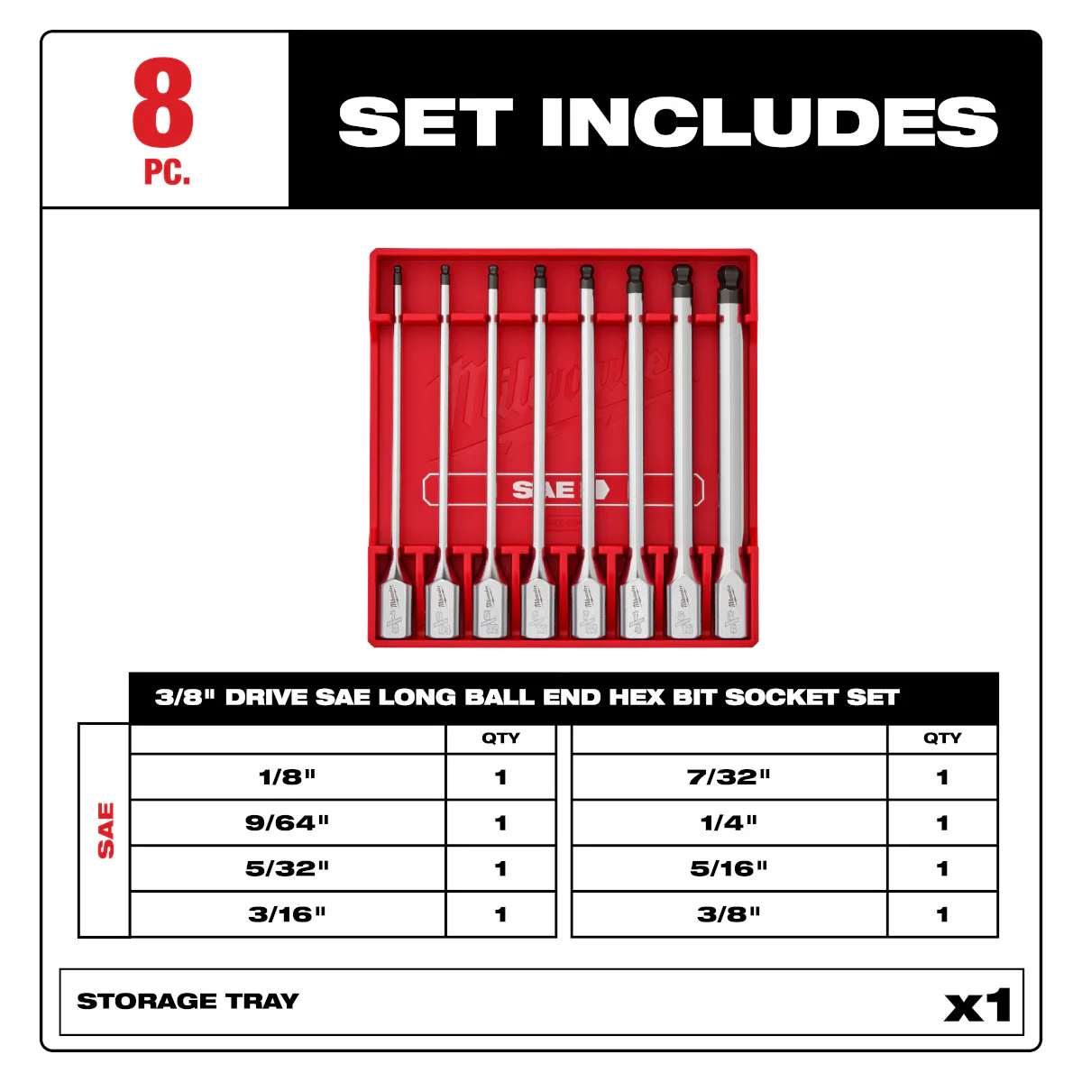 Milwaukee 48-22-9549, 8pc 3/8” Drive Long Ball End Hex Bit Socket Set - SAE - Image 3