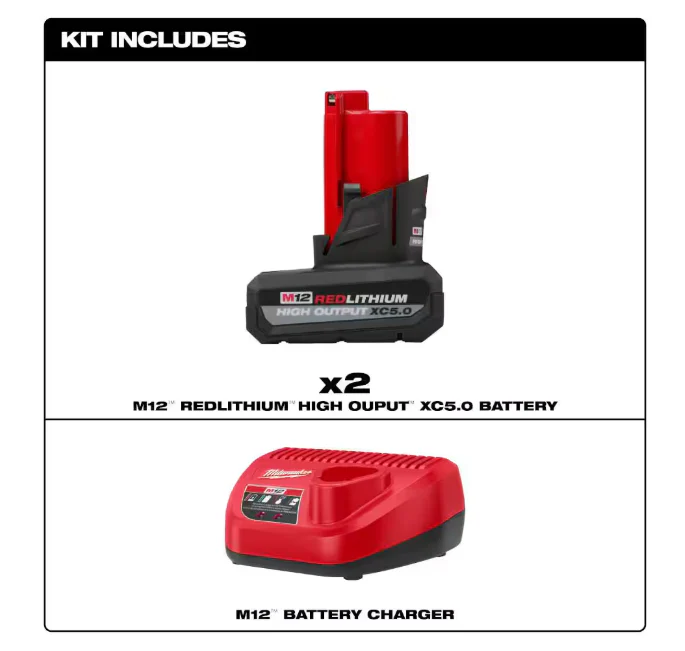 Milwaukee 48-59-2450P, M12 12V Lithium-Ion XC High Output 5.0 Ah Battery Pack (2-Pack) Starter Kit with Charger - Image 2