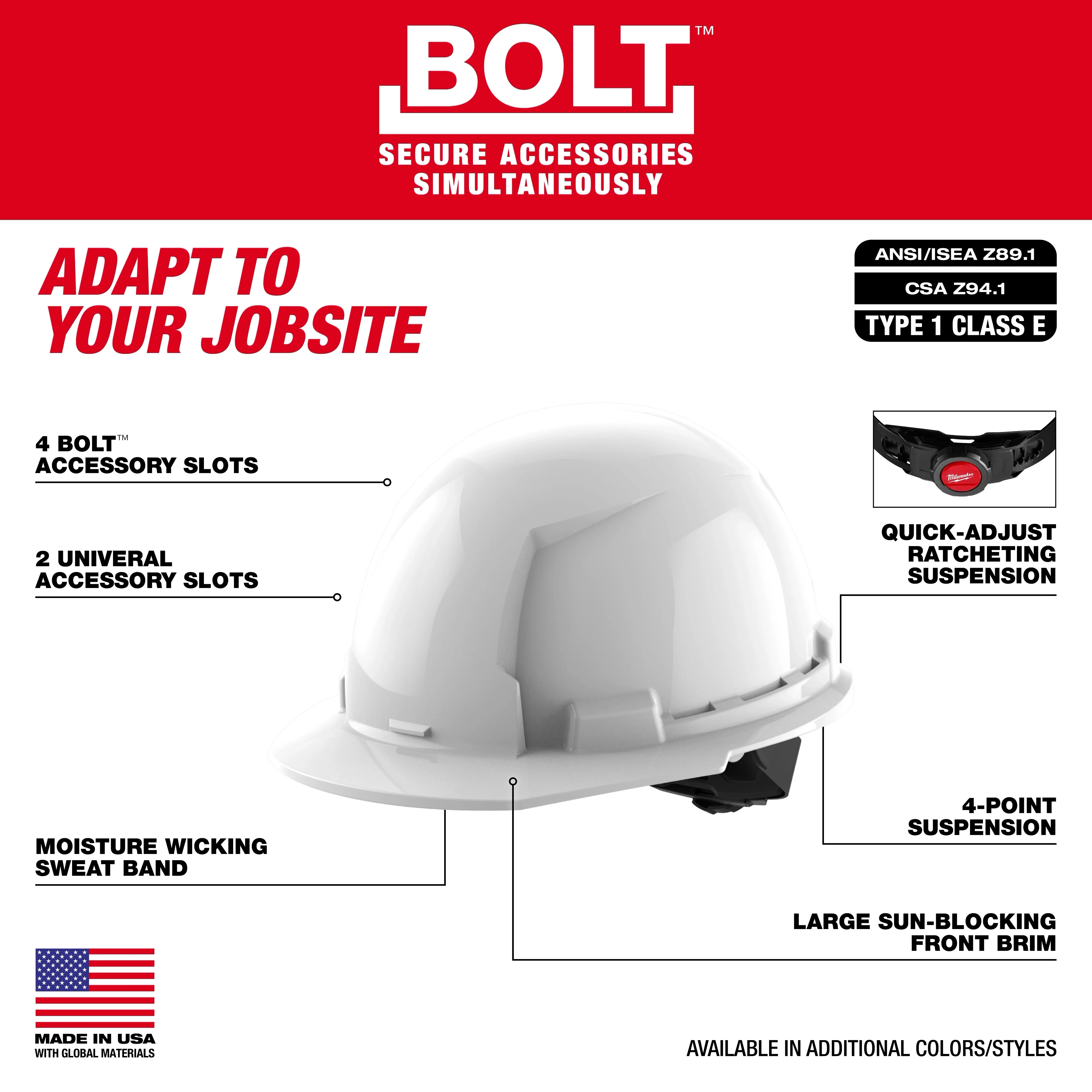 Milwaukee 48-73-1112, BOLT™ Orange Front Brim Hard Hat w/4pt Ratcheting Suspension (USA) - Type 1, Class E - Image 4