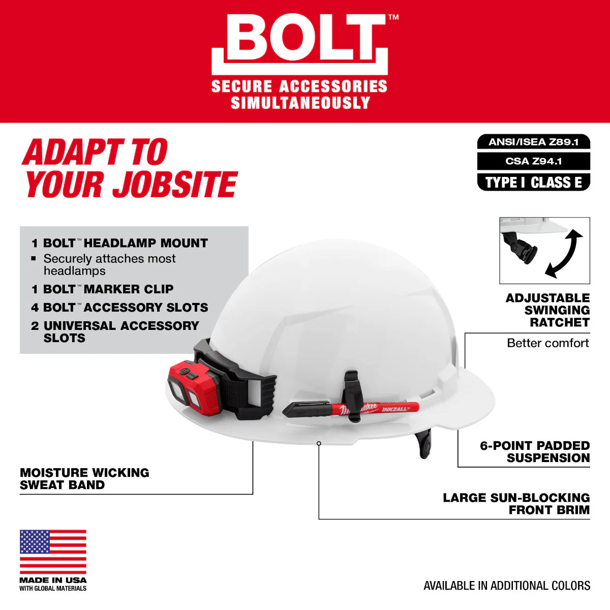 Milwaukee 48-73-1131, BOLT™ Black Full Brim Hard Hat w/6pt Ratcheting Suspension (USA) - Type 1, Class E - Image 4