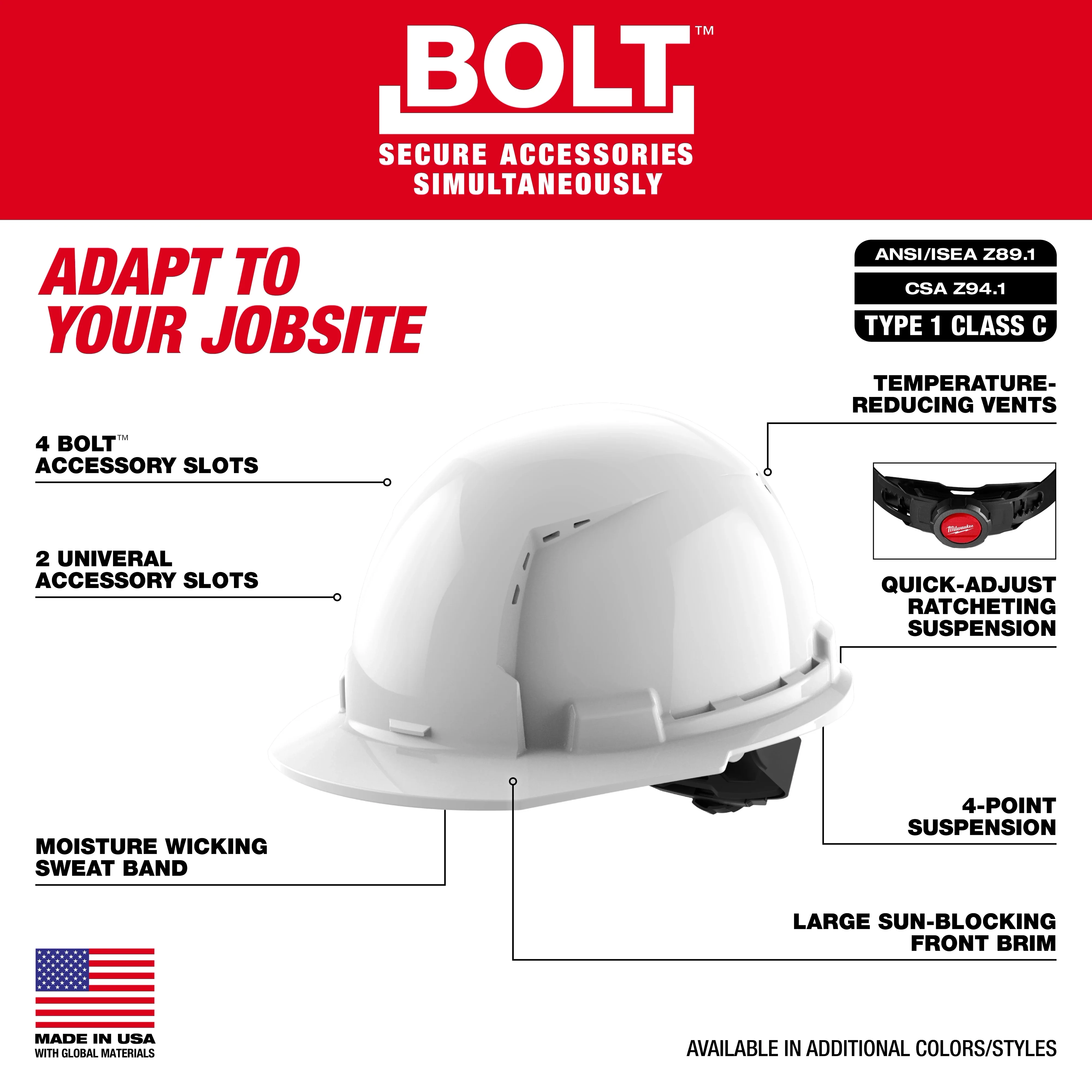 Milwaukee 48-73-1204, BOLT™ Blue Front Brim Vented Hard Hat w/4pt Ratcheting Suspension (USA) - Type 1, Class C - Image 3