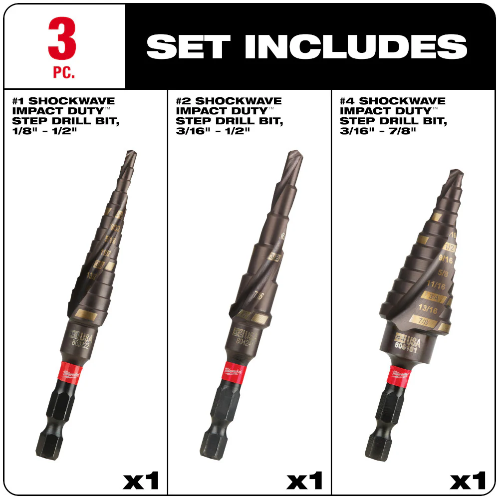 Milwaukee 48-89-9254, SHOCKWAVE Impact Duty Step Drill Bit 3pc Set (#1, #2, #4) - Image 2