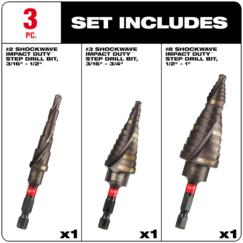 Milwaukee 48-89-9256, SHOCKWAVE Impact Duty Step Drill Bit Mechanical Set (#2, #3, #8) - Image 2
