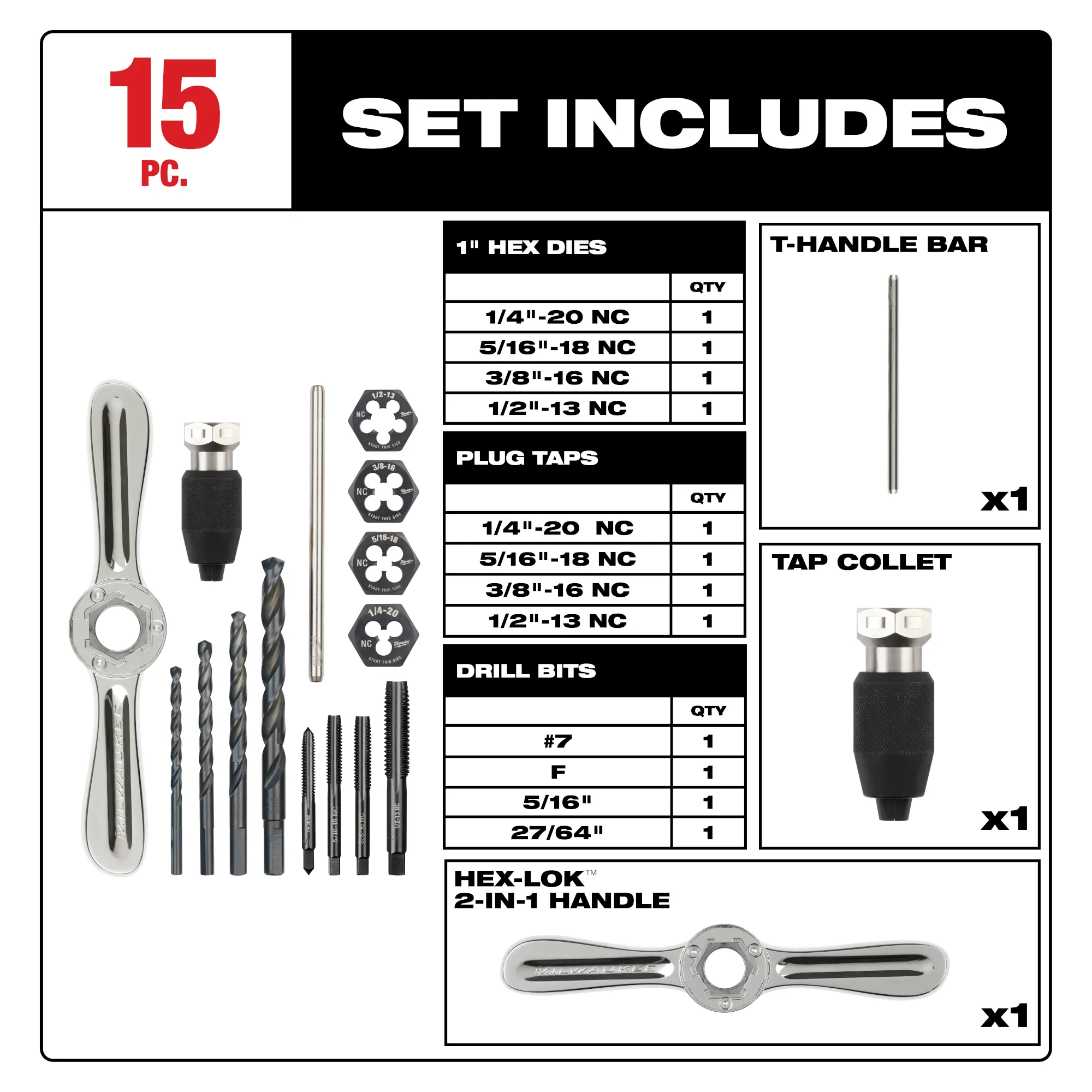 Milwaukee 49-22-5602, 15PC SAE Tap and Die Set with Hex-LOK™ 2-in-1 Handle - Image 2