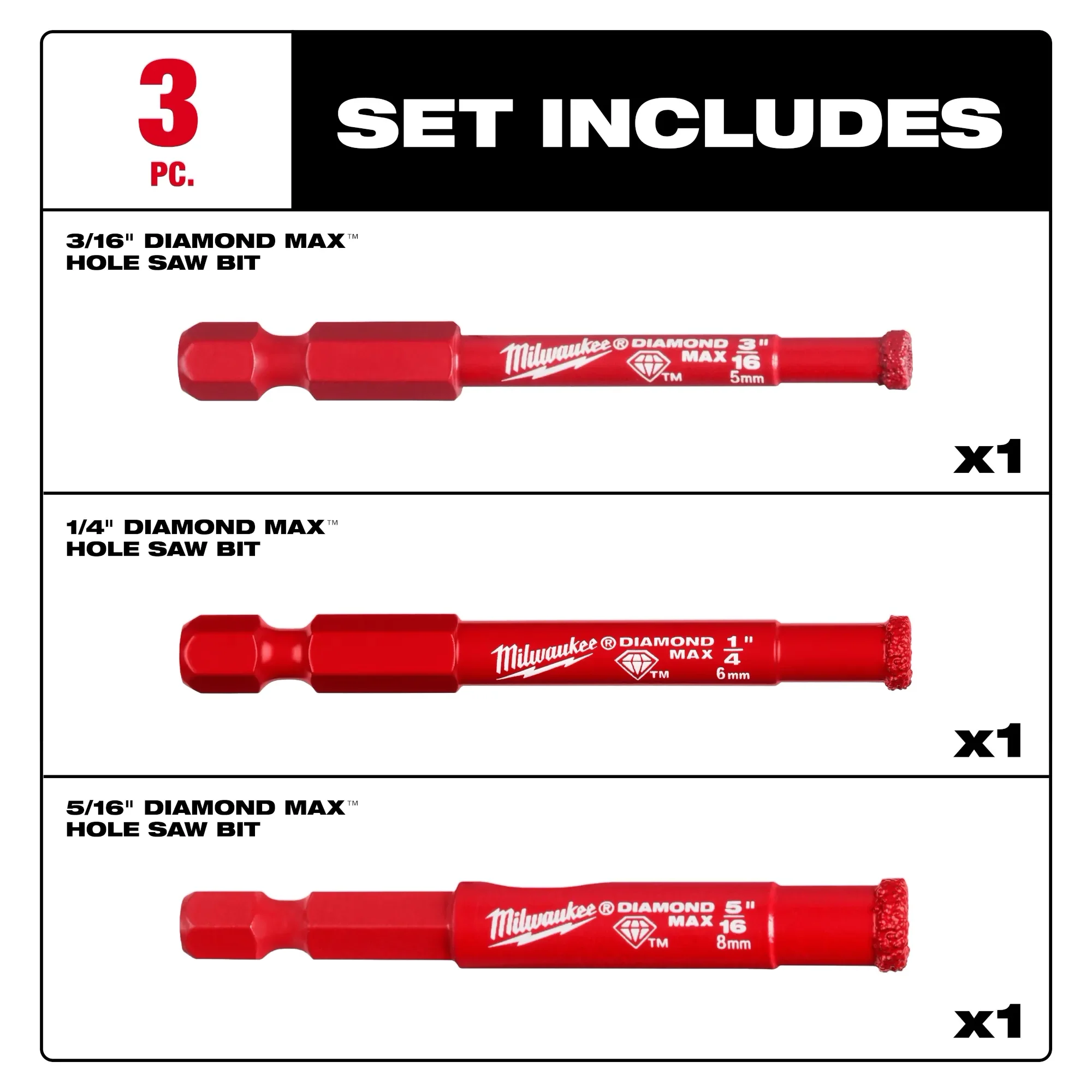 Milwaukee 49-56-0500, Milwaukee® Diamond Max™ Hole Saw Bit Set - 3PC - Image 2