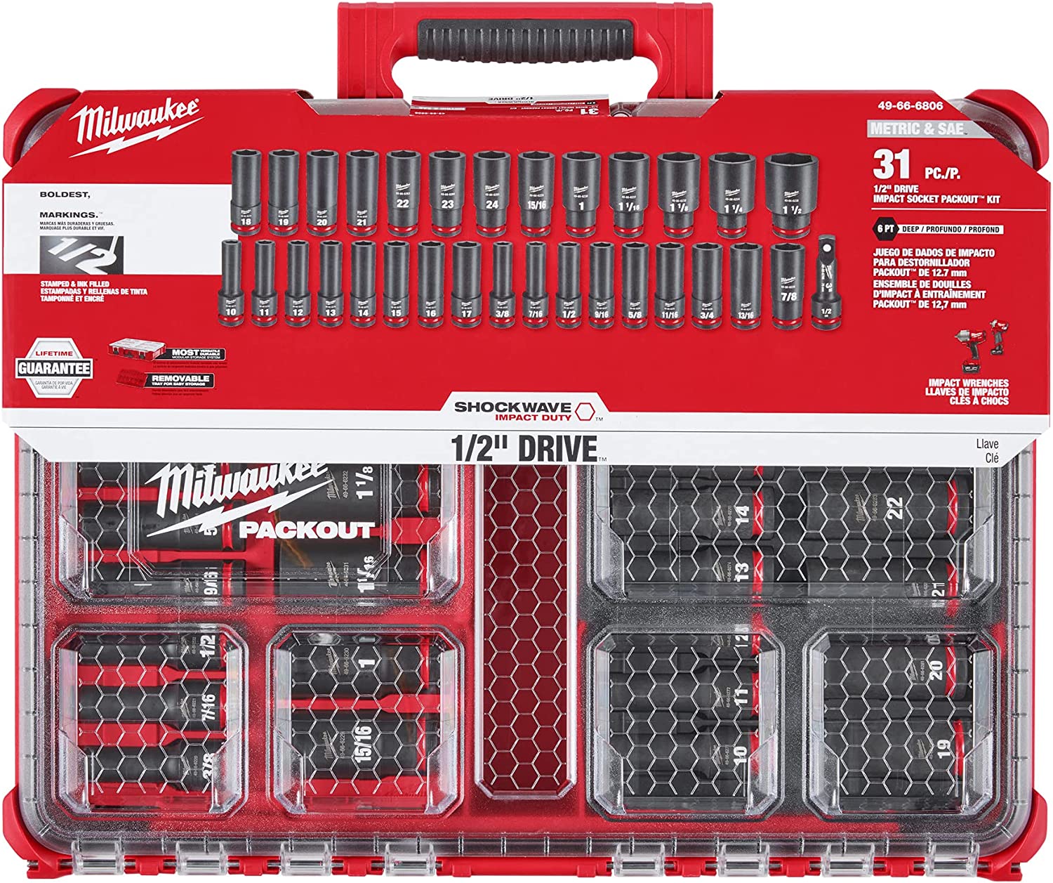 Milwaukee 49-66-6806, SHOCKWAVE Impact-Duty 1/2 in. Drive Metric and SAE Deep Well Impact PACKOUT Socket Set (31-Piece) - Image 3