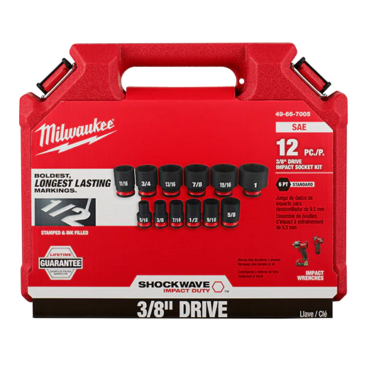 Milwaukee 49-66-7005, 3/8" Drive SHOCKWAVE Impact Duty SAE Standard 6 Point Socket Set - 12 Piece