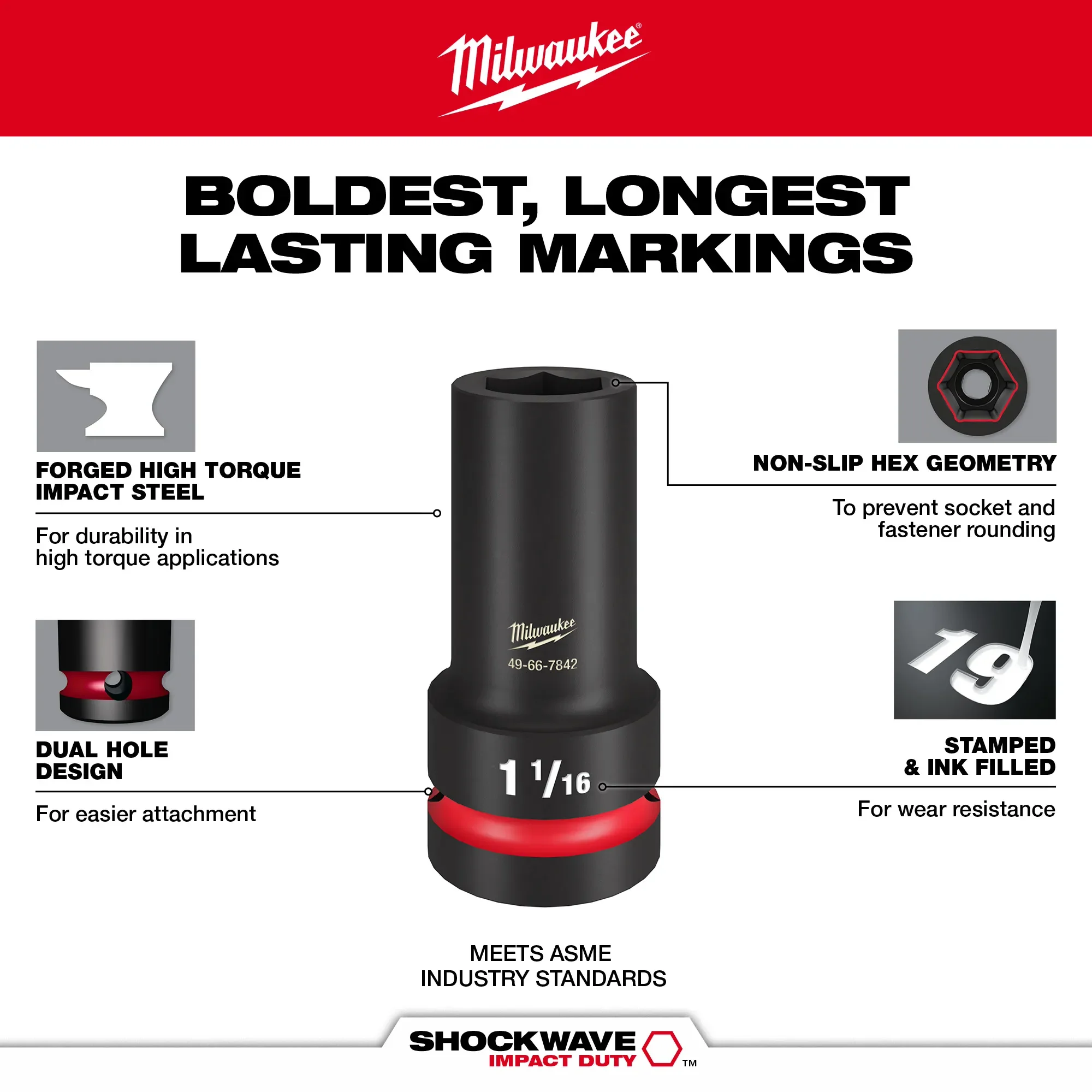 Milwaukee 49-66-7843, SHOCKWAVE Impact Duty™ 1" Drive 1-1/8" Thin Wall Extra Deep 6 Point Socket - Image 4