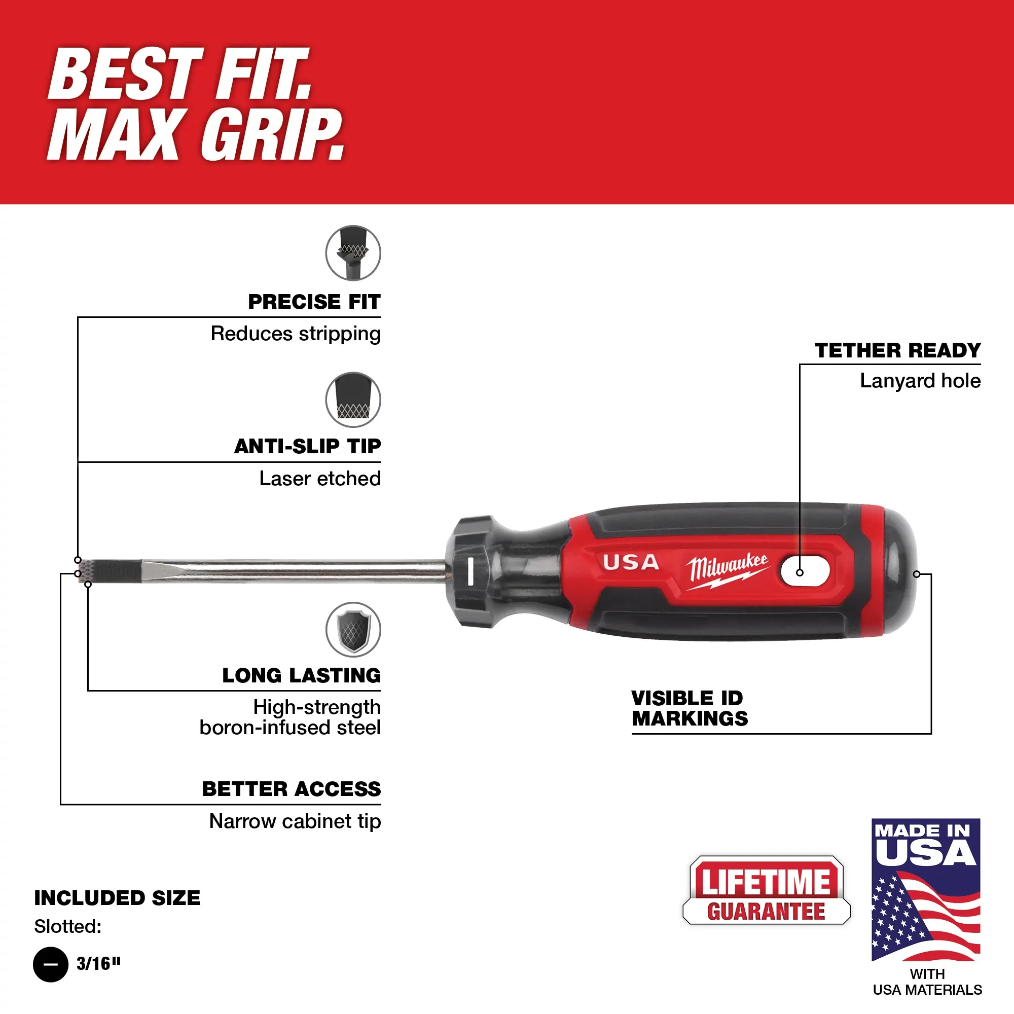 Milwaukee MT212, 3/16" Cabinet 6" Cushion Grip Screwdriver (USA) - Image 3