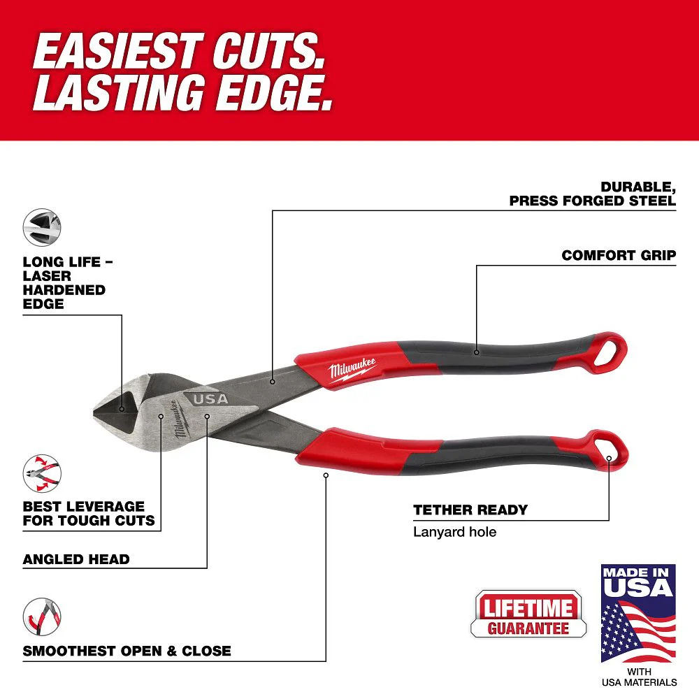 Milwaukee MT558A, 8" Angled Head Diagonal Comfort Grip Cutting Pliers (USA) - Image 2