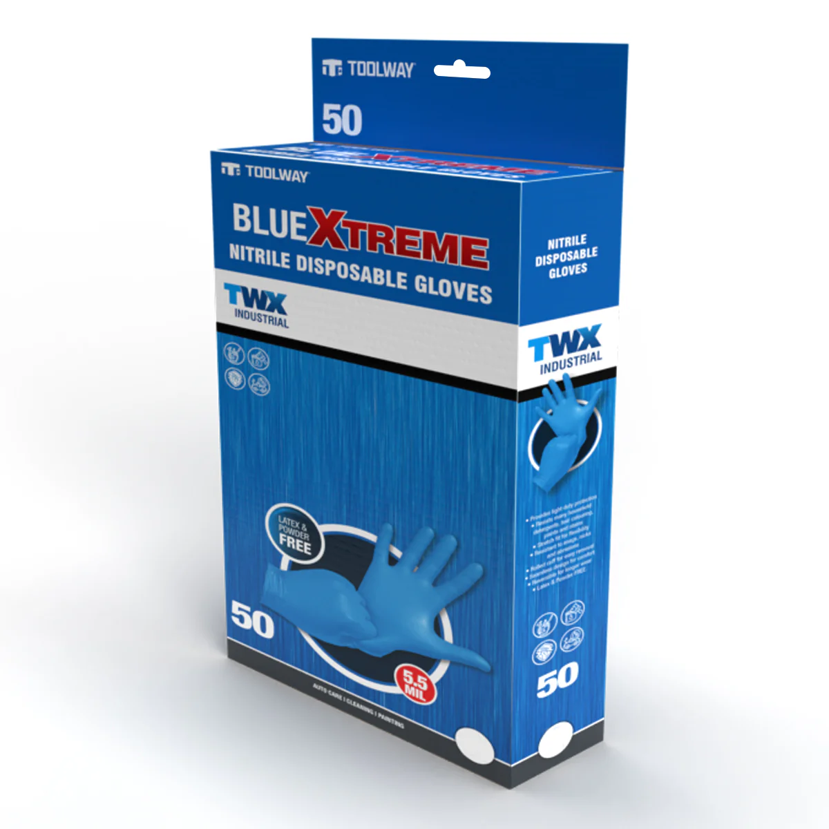 Toolway 105652, 50PK LATEX FREE DISPOSABLE NITRILE GLOVES 5.5 MIL BLUE (M) - Image 2