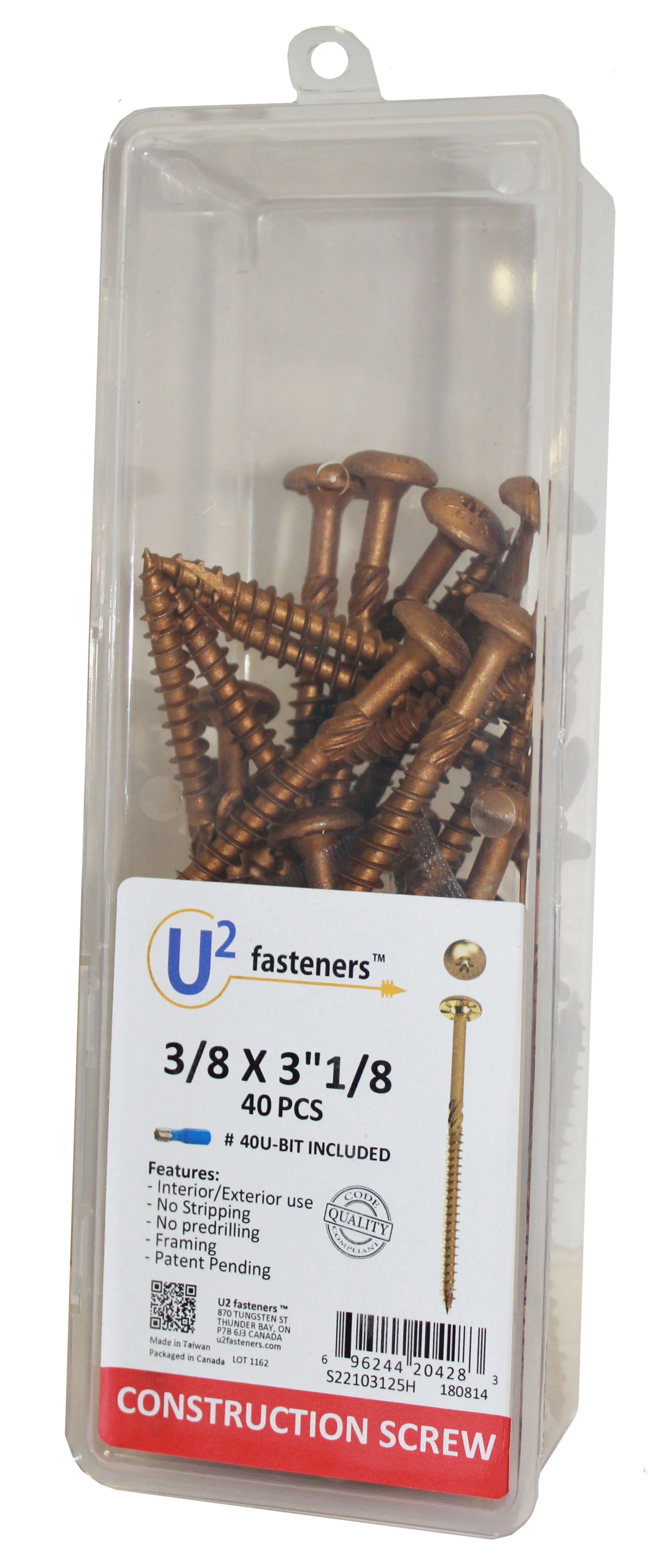 U2 Fasteners S22103125H, Construction Screw 3/8 X 3-1/8" (40/pkg)