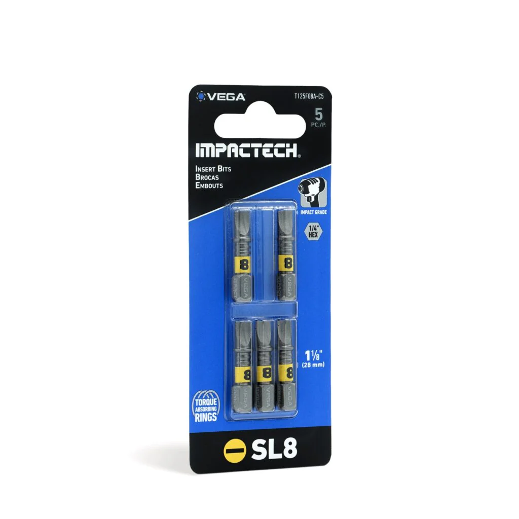 Vega T125F08A-C5, Impactech Slotted #8 Insert Bit x 1" - Carded 5pc