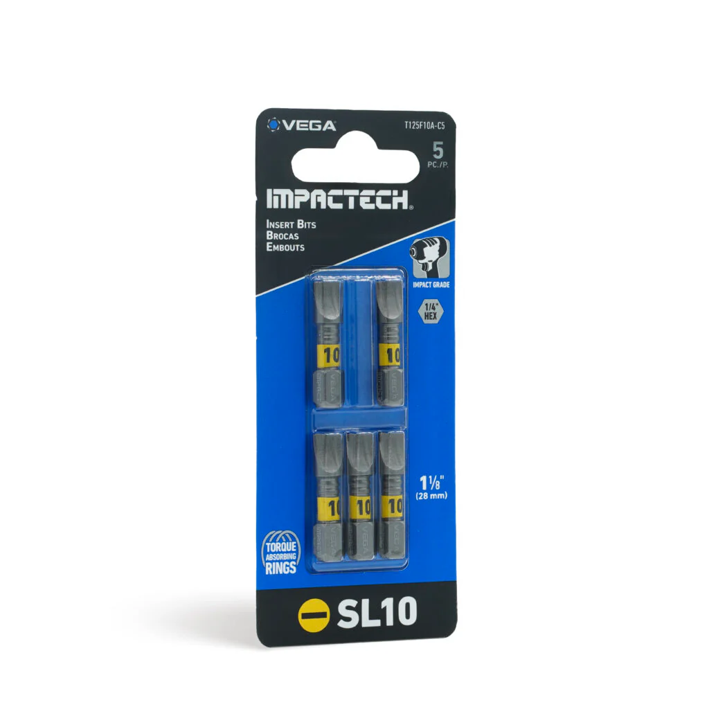 Vega T125F10A-C5, Impactech Slotted #10 Insert Bit x 1" - Carded 5pc